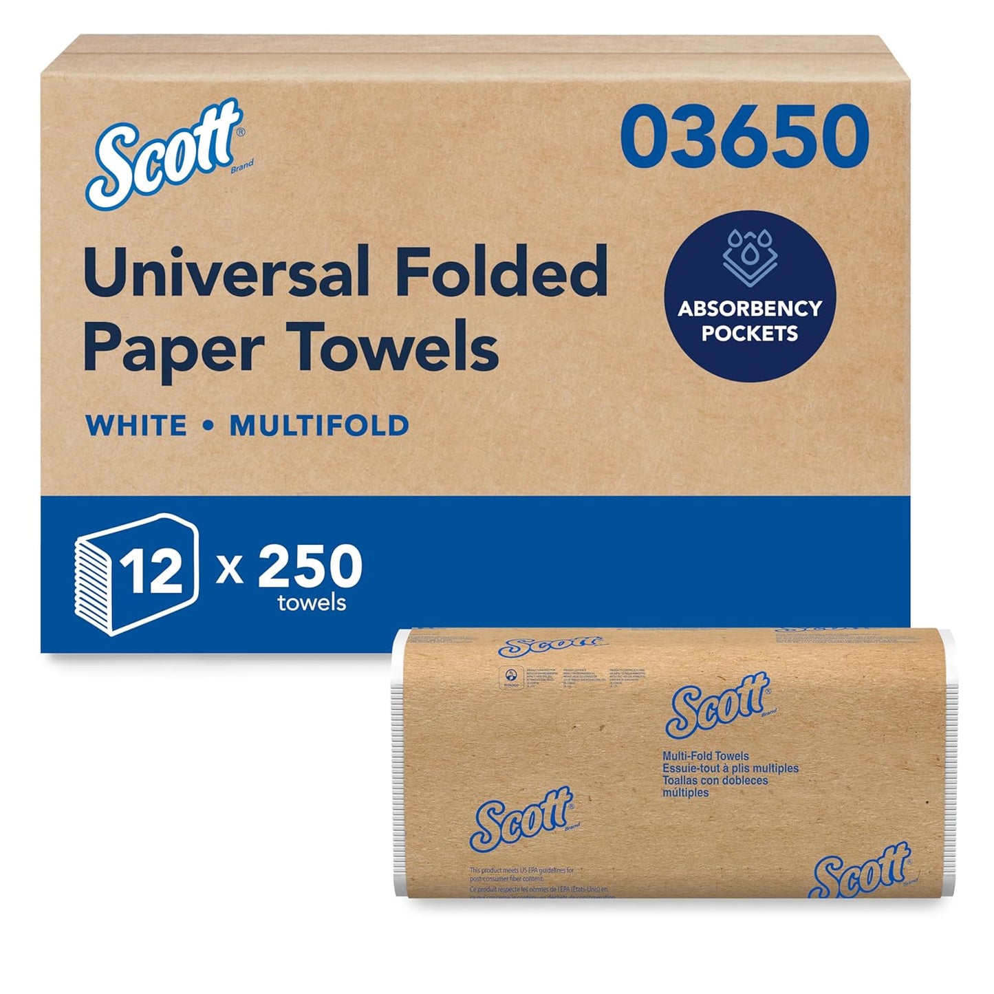 Scott Professional Universal Multifold Paper Towels, Bulk (03650), Absorbency Pockets, White, 9.2"x9.4" Towel, Compressed, Compact (250 Sheets/Pack, 12 Packs/Case, 3,000 Sheet Total)