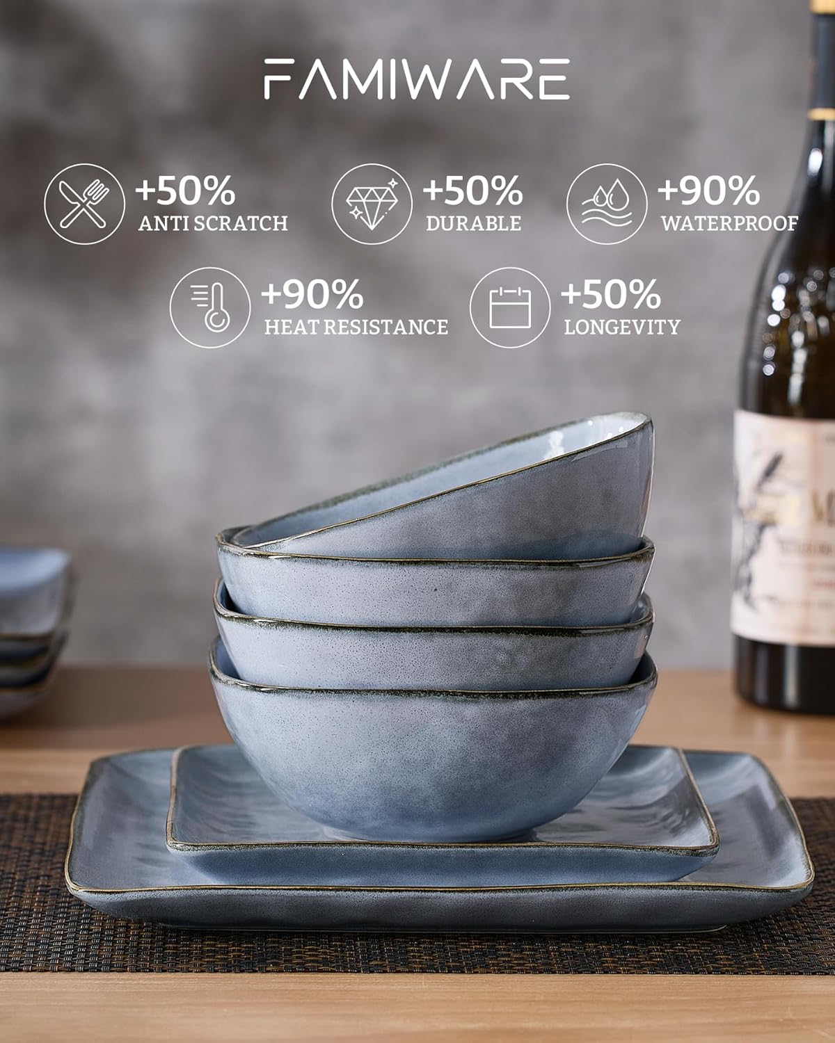 Famiware Dinnerware Sets for 4, Ocean Square 12-Piece Kitchen Plates a