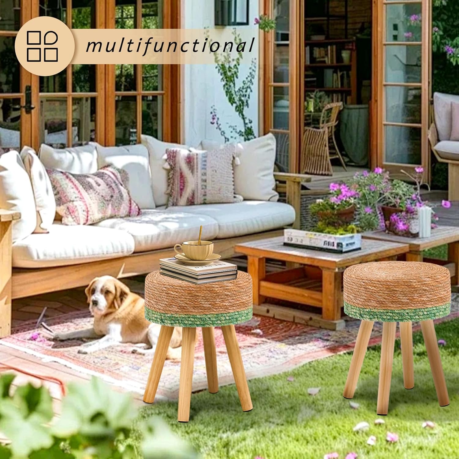 Handwoven Outdoor Ottoman, Water Hyacinth Pouf Round Patio Footstool w