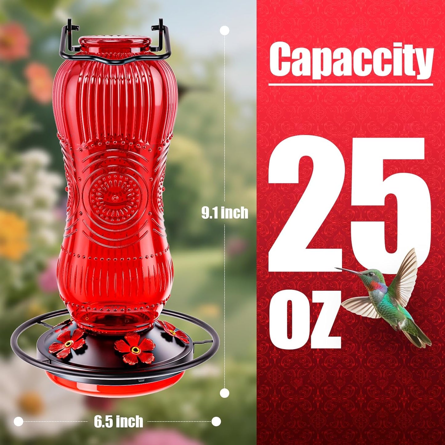 25 Ounces Hummingbird Feeders for Outdoors Hanging, Vintage Style Glass Humming Bird Feeder with Ant Moat & 5 Feeding Ports