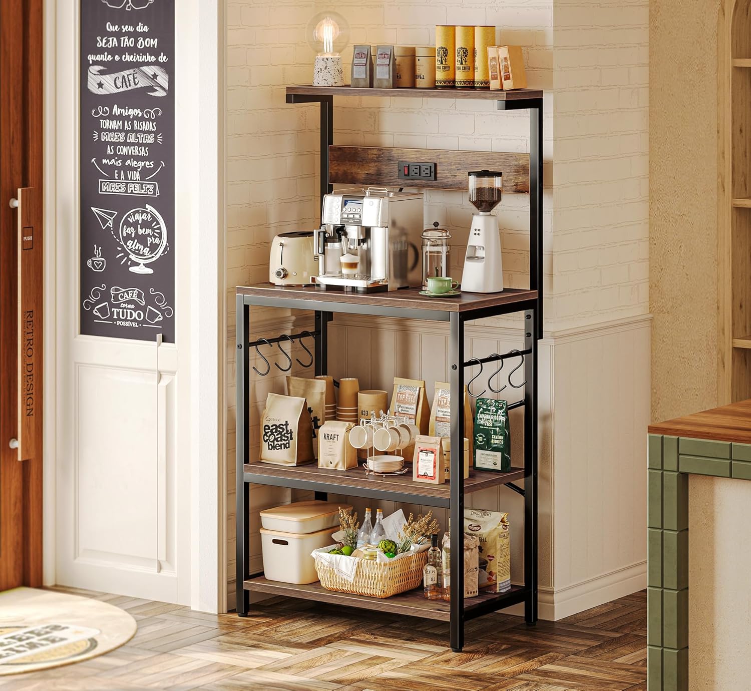 SUPERJARE Kitchen Bakers Rack with Power Outlet, Coffee Bar Table 4 Ti