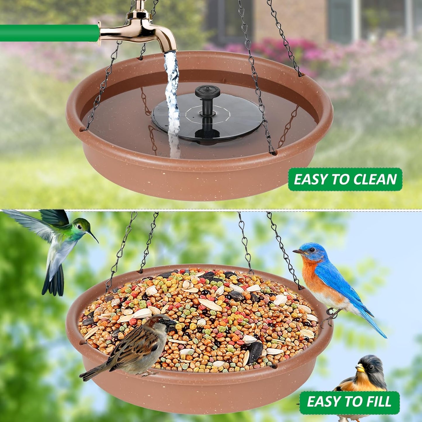 Garden Courtyard Bird Feeding Tray Port Set with Solar Fountain Pump
