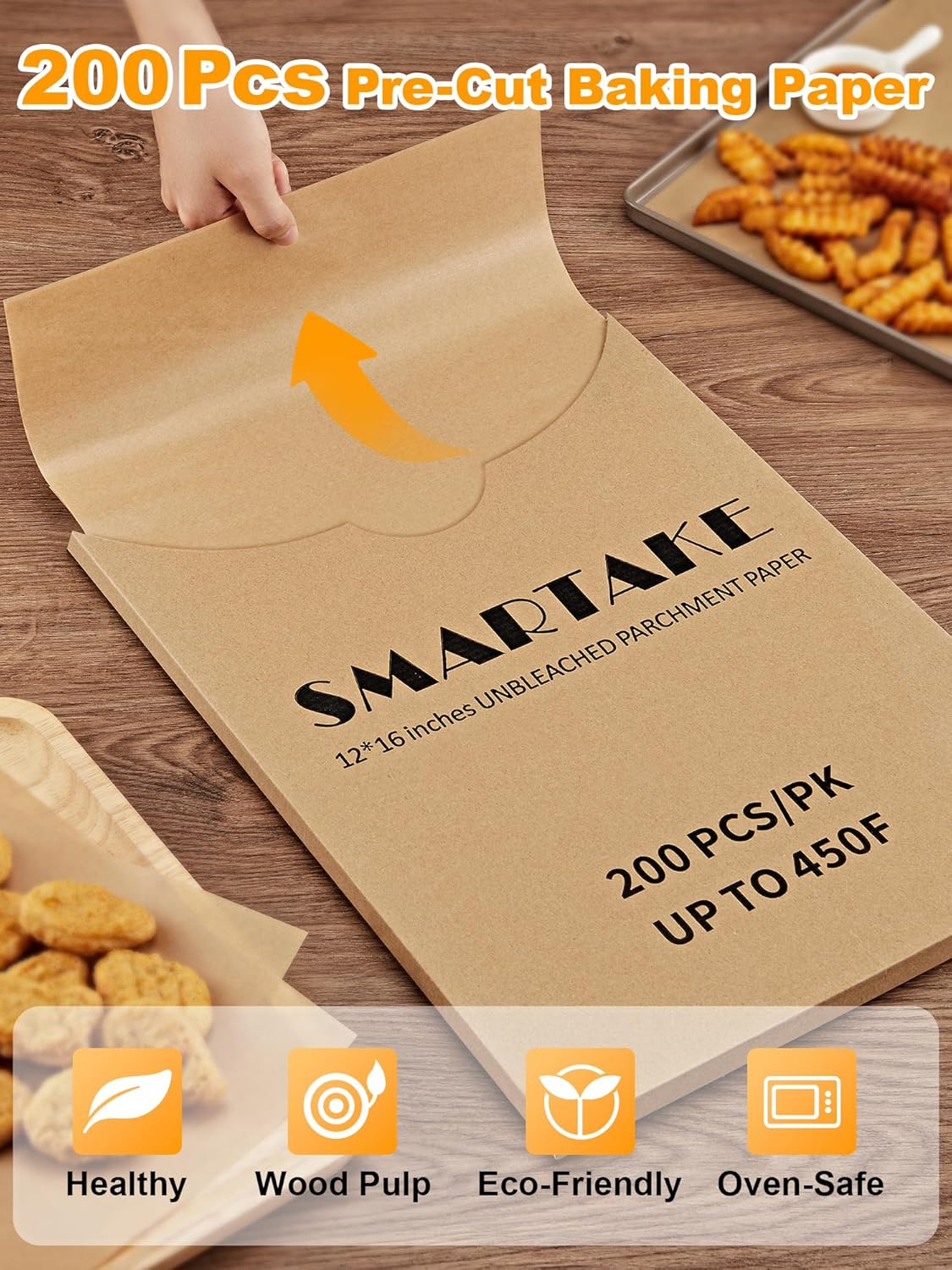 SMARTAKE 200 Pcs Parchment Paper Baking Sheets, 12x16 Inches Non-Stick Precut Baking Parchment, for Baking Grilling Steaming Bread Cup Cake Cookie and More (Unbleached)