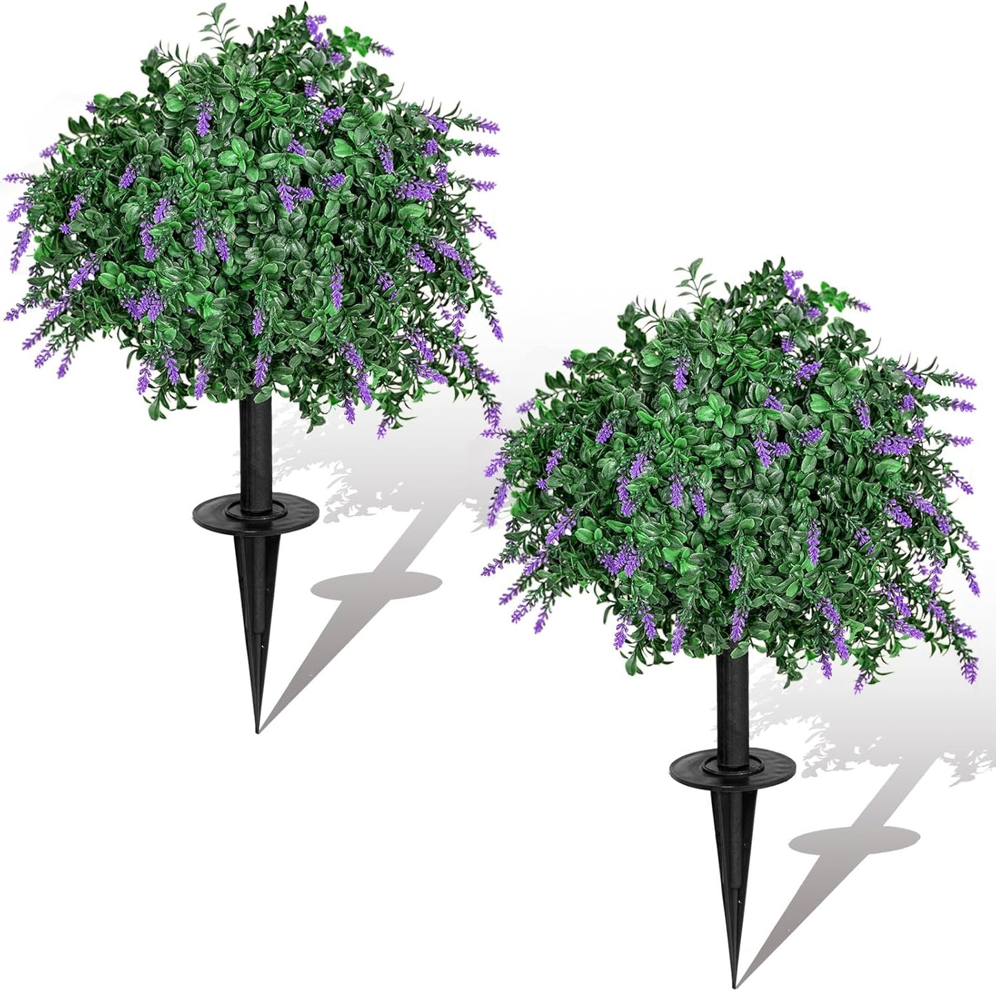 Artificial Lavender Topiary Ball Trees 18" with Ground Spike, Set of 2 UV Resistant Faux Shrubs, Fake Evergreen Boxwood Plant for Outdoor, Indoor, Garden, Yard, Porch, Patio, Front Porch Decor