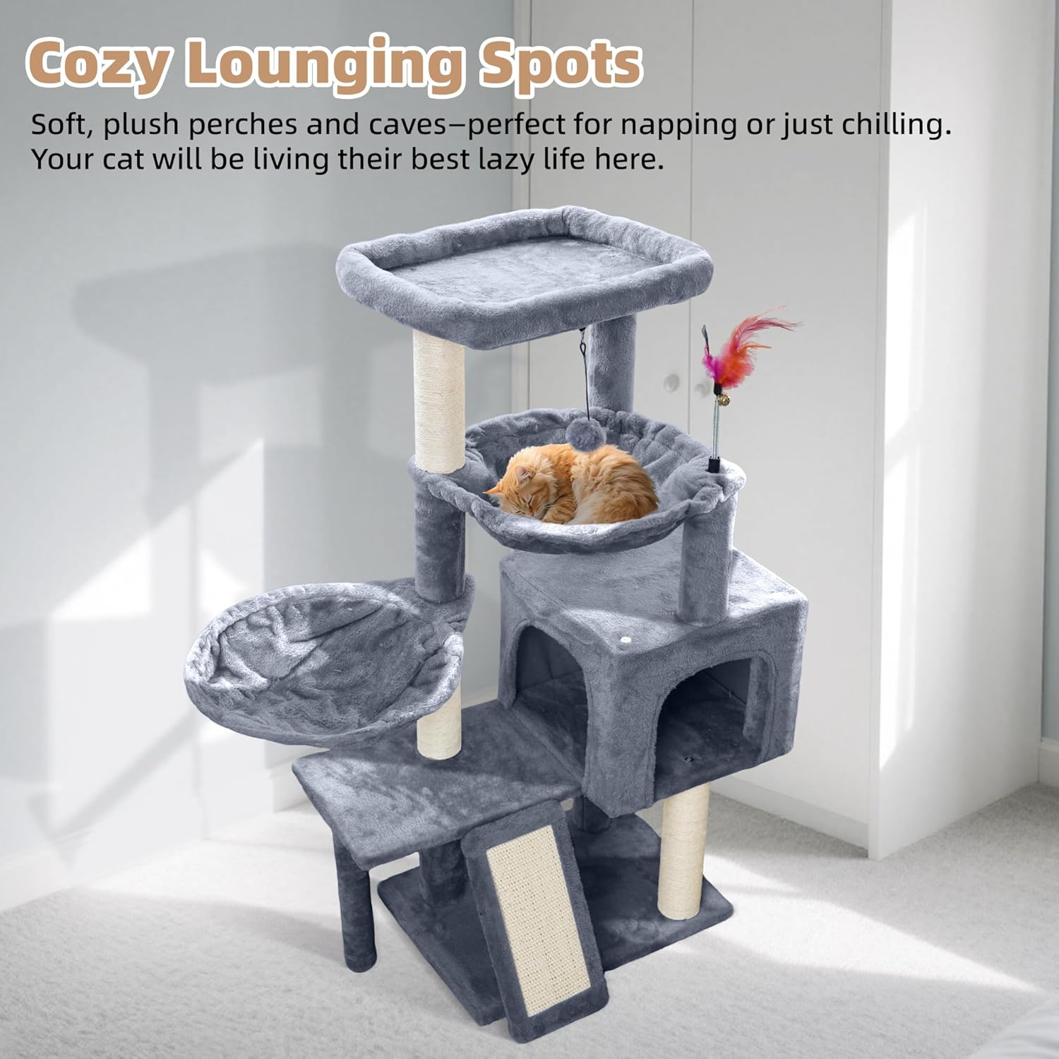 Cat Tree with Cat Condo and Two Hammocks, Cat Tree with Scratching Pos