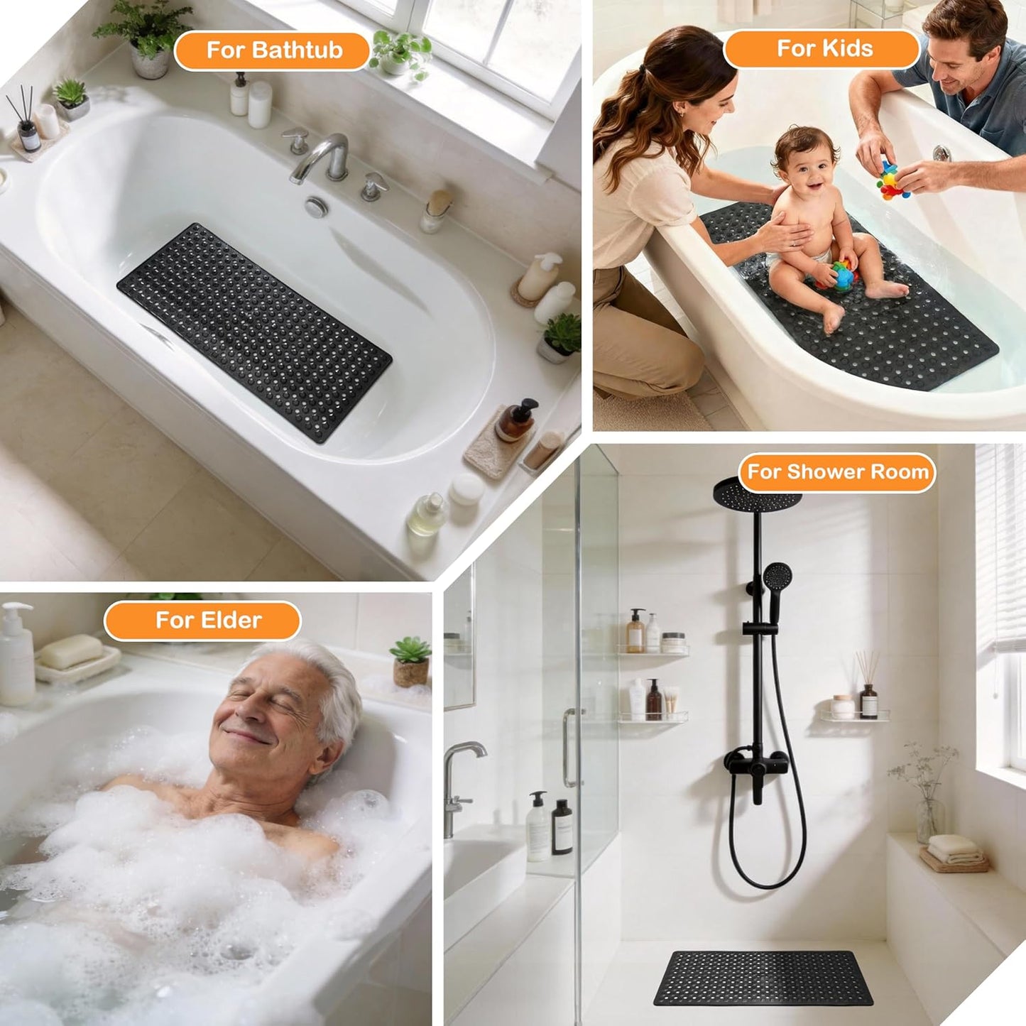 Yimobra Bath Tub Mat Non Slip, 34.5"x15.5" Long Shower Mat, Machine Washable Bathmat with Drain Holes and Suction Cups, Soft on Feet, Bathroom Essentials, Black