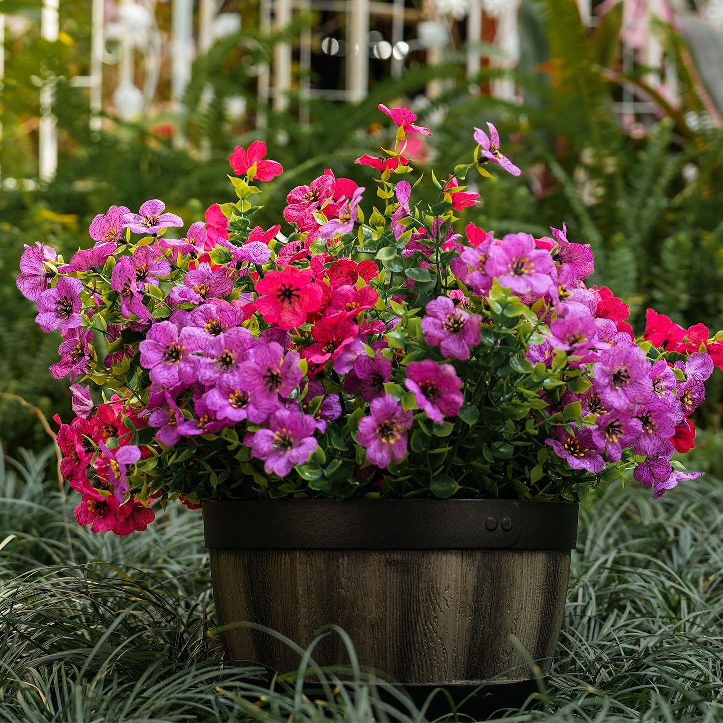 Artificial Faux Outdoor Indoor Plants Flowers for Spring Summer Decoration, 12 Bundles Fake Silk Daisy Eucalyptus Realistic UV Resistant for Outside Planter Pot Window Porch .（Purple and pink）