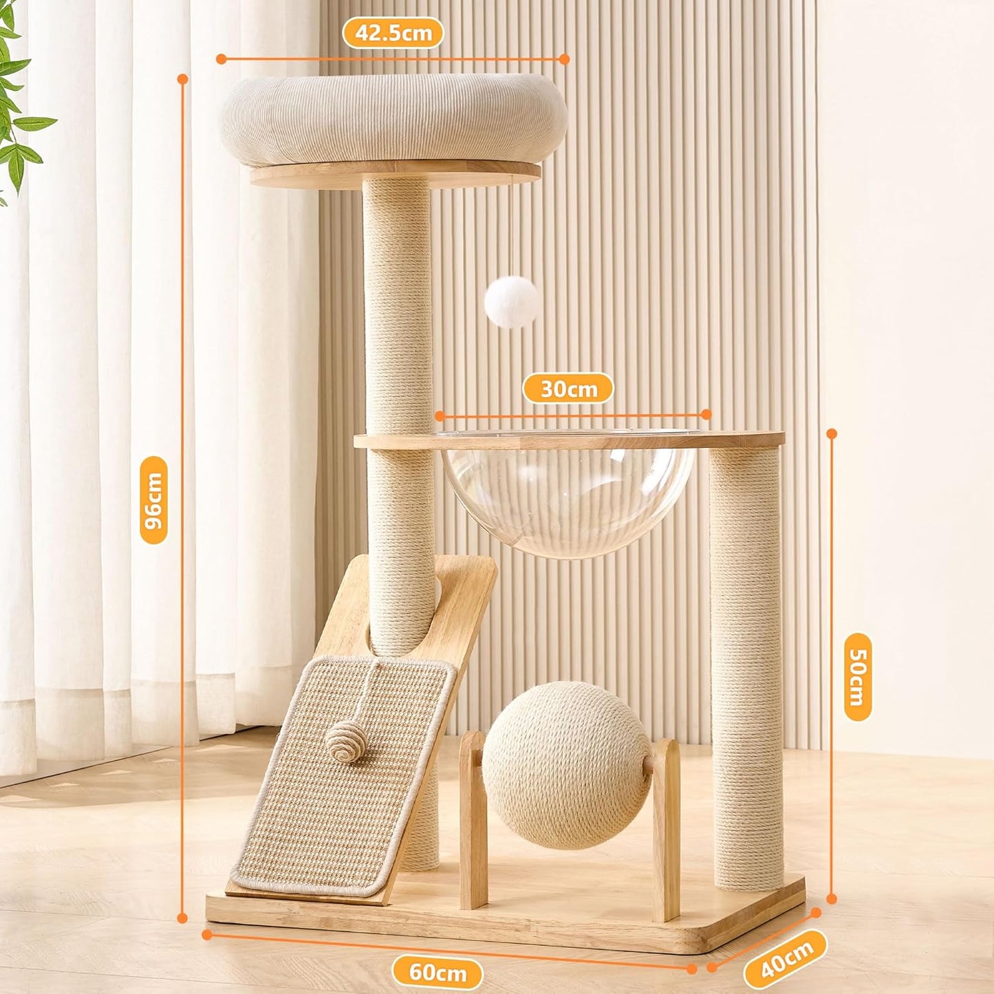 HITTITE Solid Wood Cat Tree Tower with Scratching Post, 37.8 Inches Ta