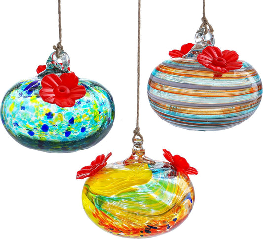 QFkris 3 Pack Blown Glass Hummingbird Feeder for Outdoors Hanging, 3.2" Small Hummingbird Feeder with Flower Feeding Ports, Bird Feeder for Outside Garden Backyard Decor, Gifts for Women