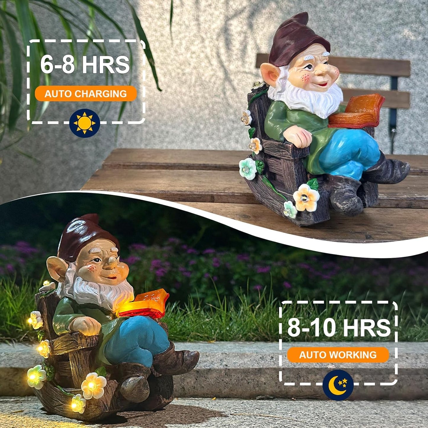 Solar Garden Gnome Statues Outdoor, Fairy Rocking Chair Gnomes Reading Book Succulents Figurines Lights Yard Art Sculpture Home Decor for Outside Patio Balcony Lawn, Unique Loved One Gifts for Mom