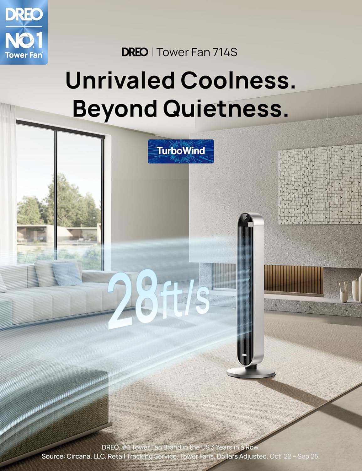 DREO Tower Fan for Bedroom, 42 Inch 120° Oscillating Fan, 20dB Quiet DC Motor, 28ft/s Velocity Bladeless Standing Fan with 12 Speeds, 4 Modes, 12H Timer Cooling Fans for Home, Living Room