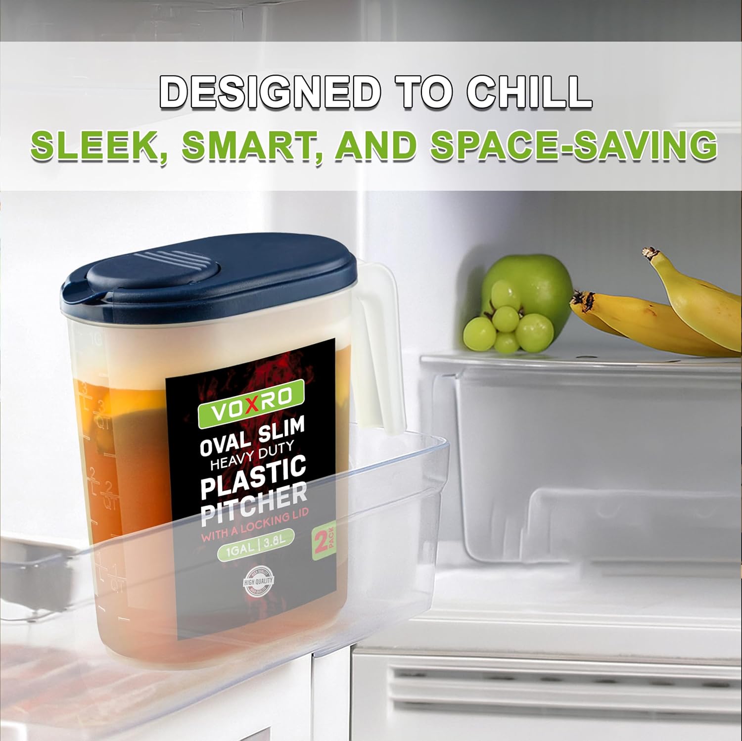 2-Pack Oval Slim Plastic Pitchers With Lids – 1 Gallon, Flip-Top Pivot