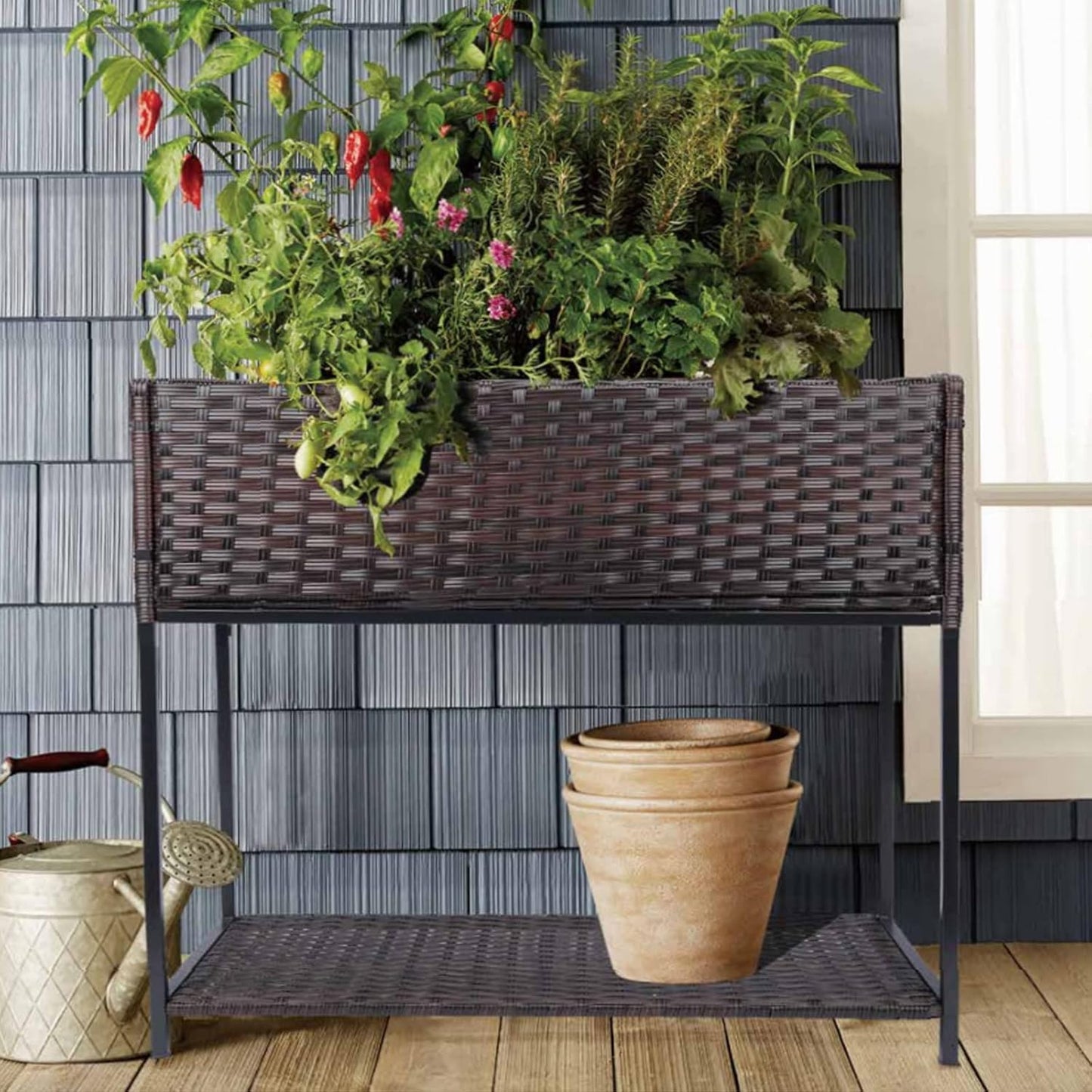 Raised Garden Bed - Rattan Raised Bed Wicker Elevated Raised Garden Bed with Underneath Tool Storage Rack Outdoor Raised Planter Box