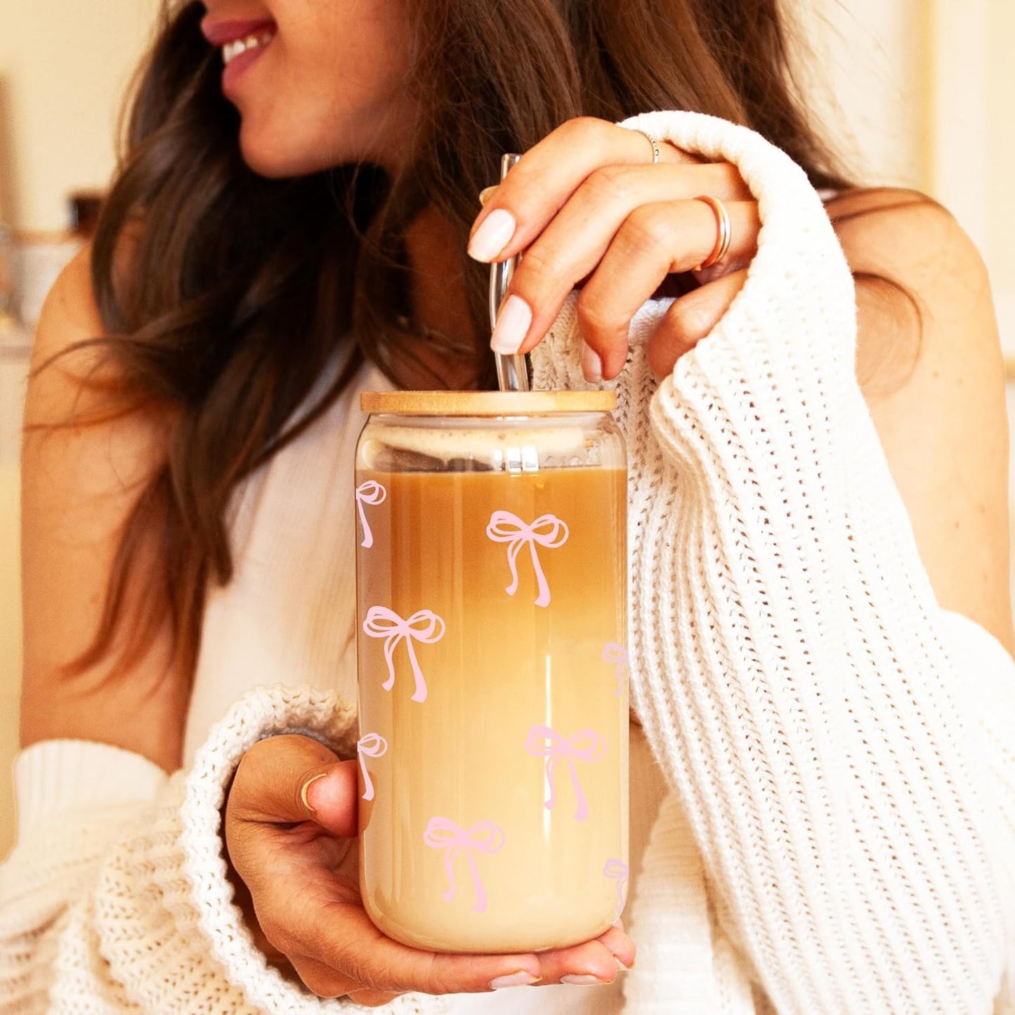 Coquette Cute Pink Bow Glass Cups with Lids and Straws, Aesthetic Iced Coffee Cup, Girly Preppy Design Tumbler Mug, Valentines Christmas Birthday Gifts for Women, Teen Girl Gifts Trendy Stuff