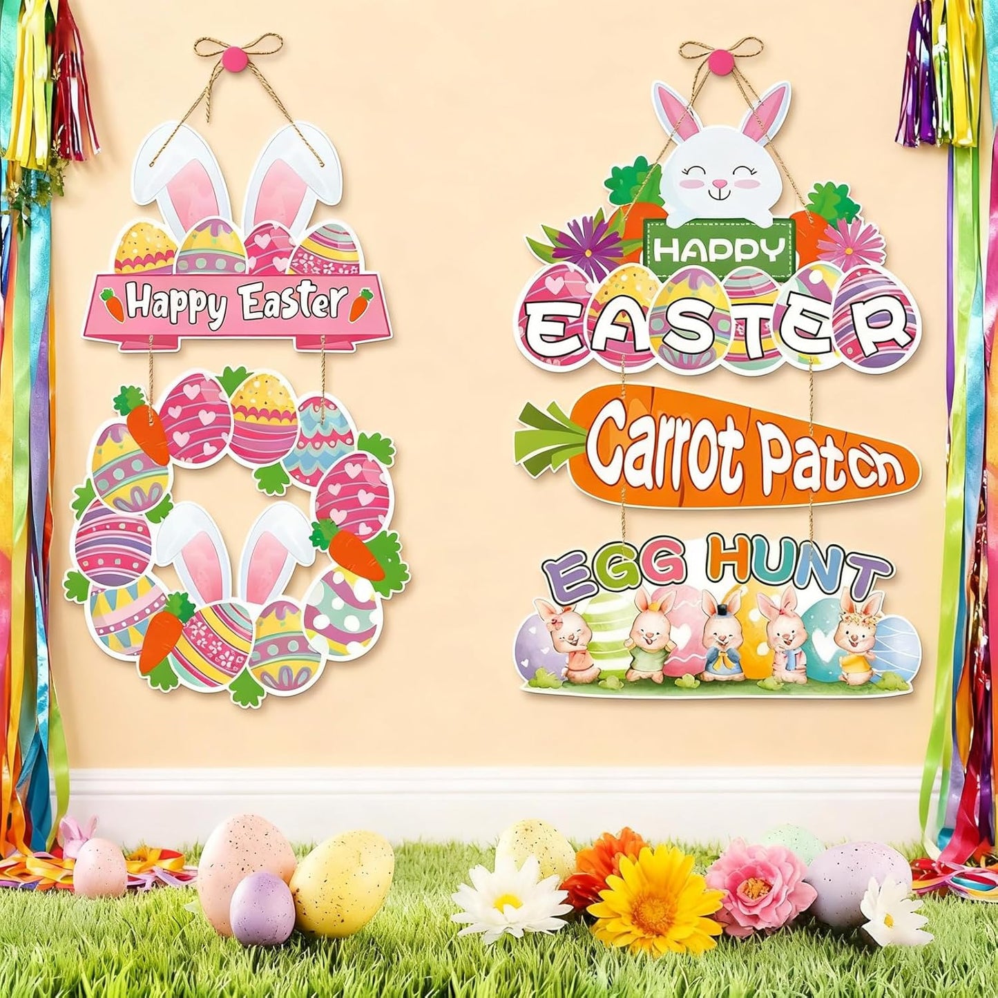 Easter Bunny Door Sign - 4-Piece Set Easter Hanging Sign Rabbit Door D