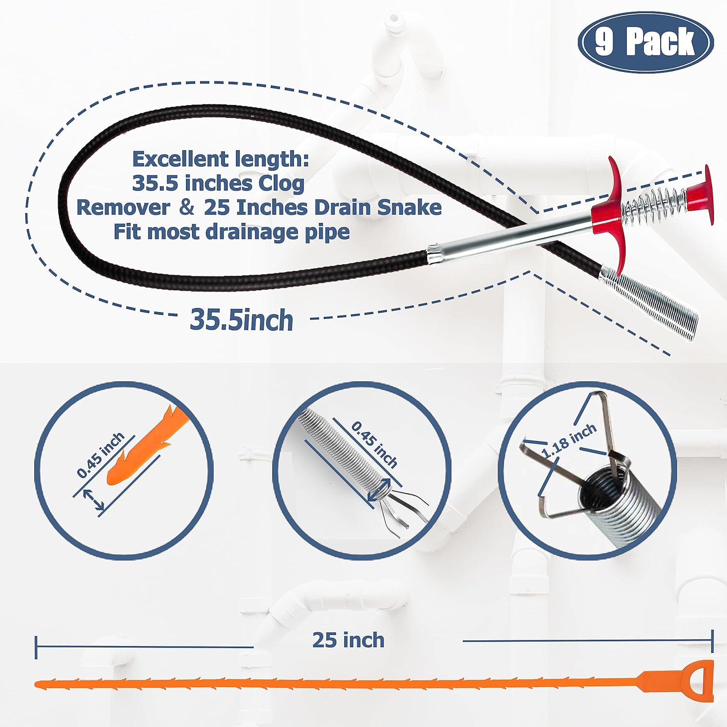 35.5inch Drain Clog Remover(1pcs), 25inch Drain Snake Hair Remover(6pc