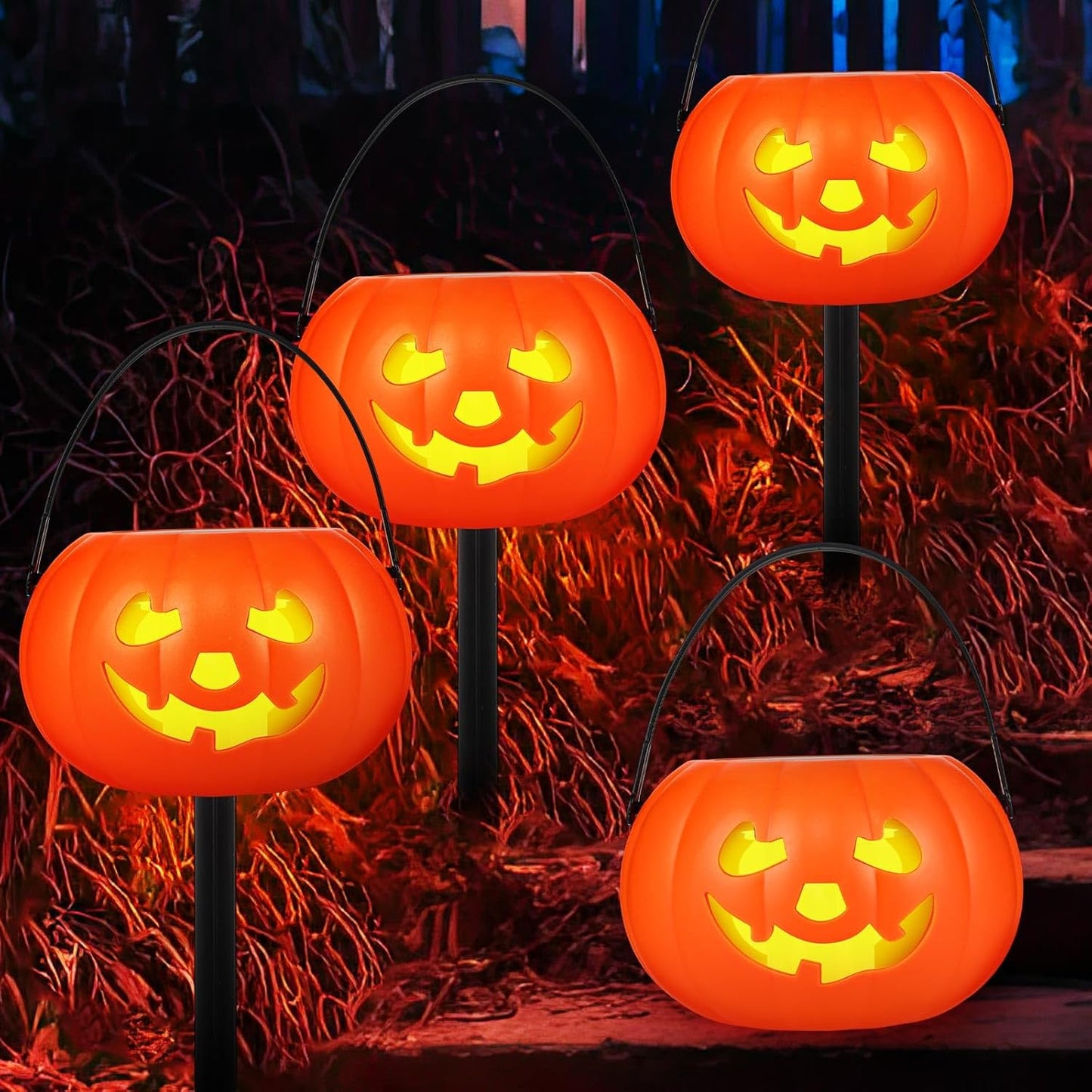 4 Pcs Halloween Pumpkin Pathway Markers Solar Light up Orange Jack O Lantern Stake LED Waterproof Plastic Pumpkin Light for Garden, Balcony, Yard, Lawn, Pathway, Walkway Halloween Decor