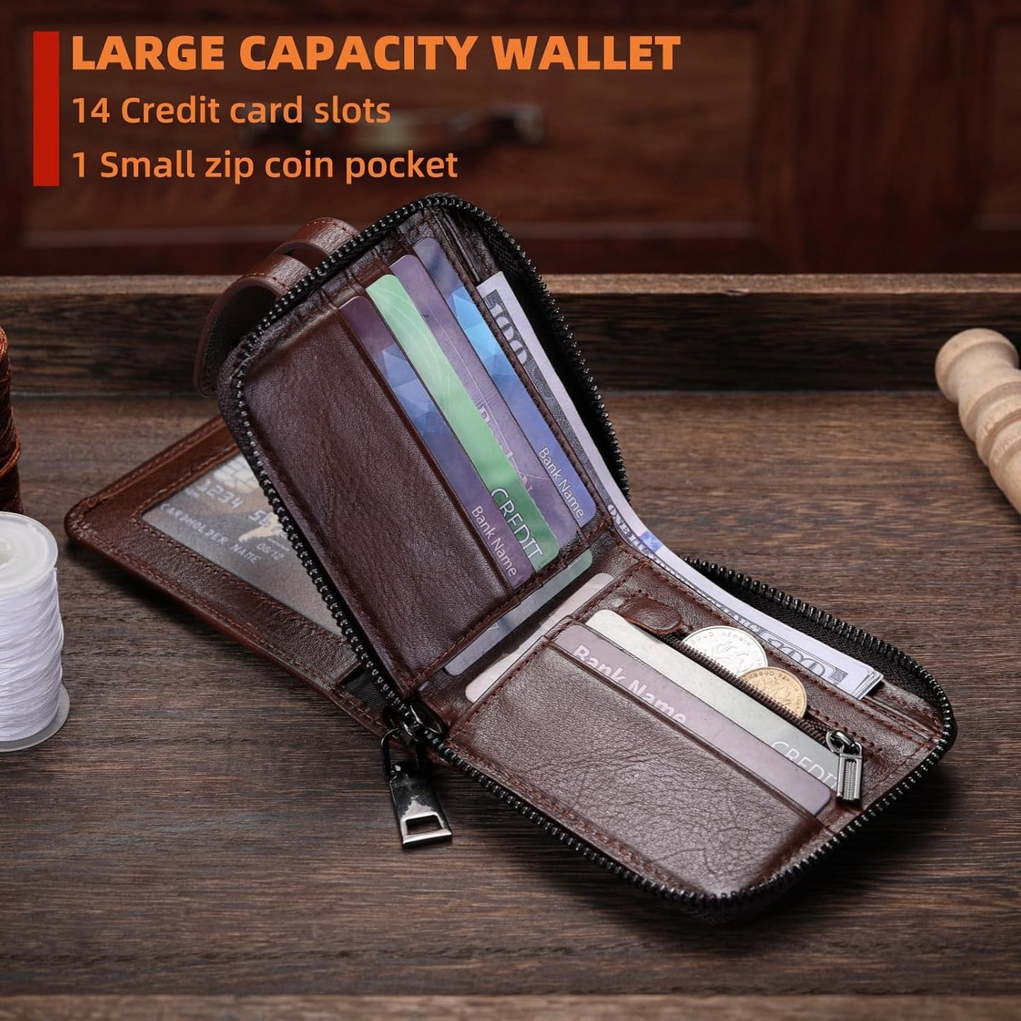 BULLCAPTAIN Genuine Leather Men's Wallet with Zipper Vintage RFID Bloc