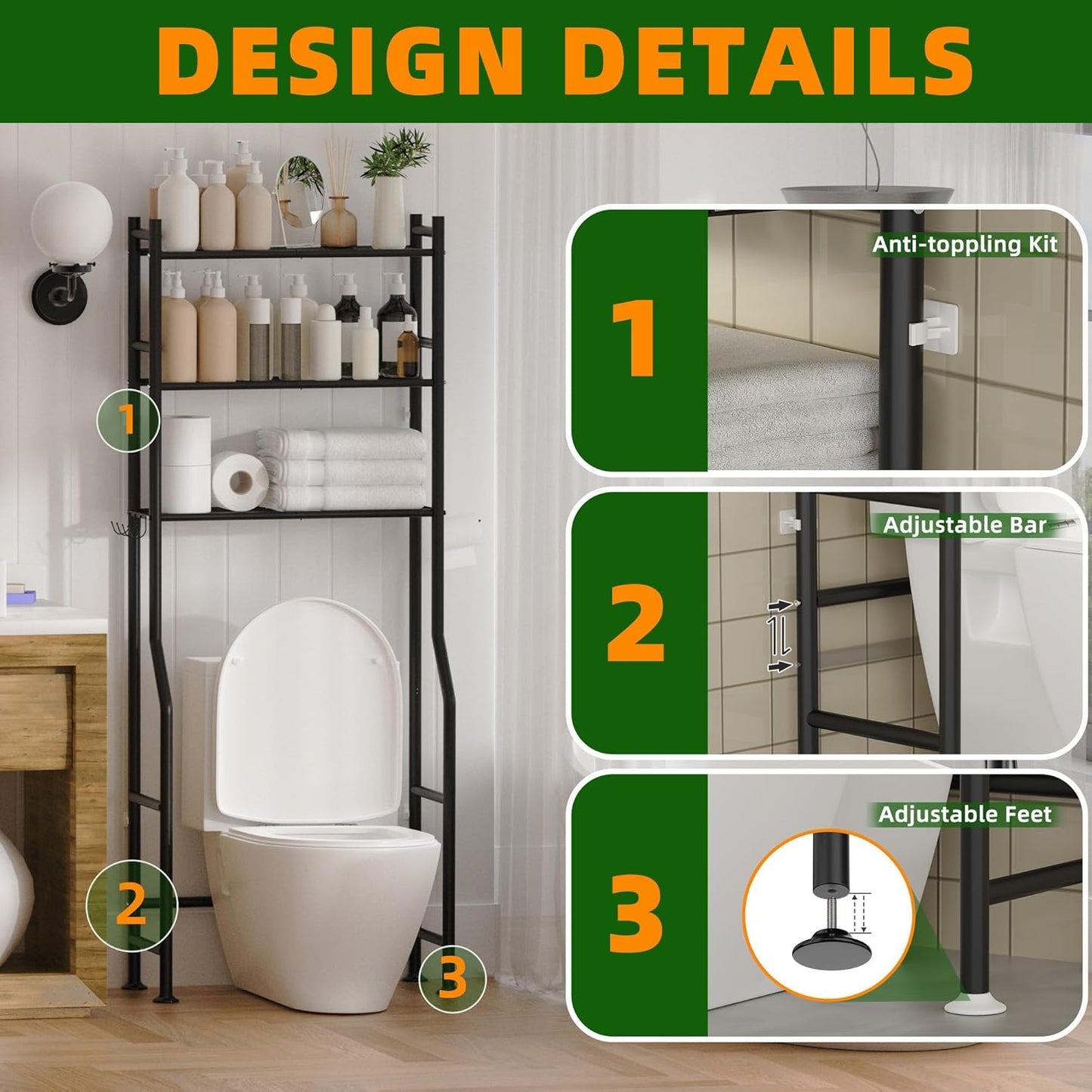 3-Tier Over Toilet Storage with Anti-Tilt Safety System - 150lb Total 
