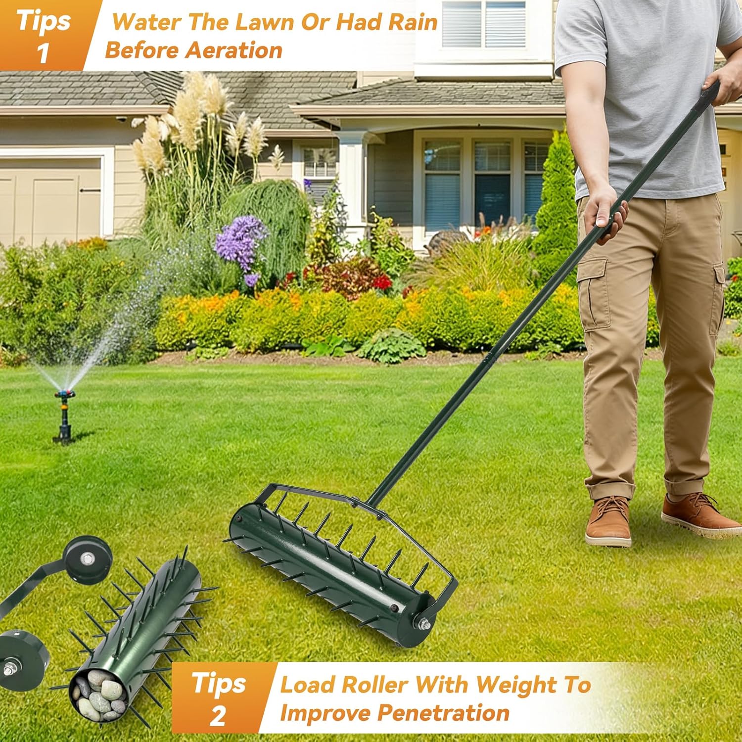 21" Rolling Lawn Aerator, Heavy-Duty Manual Aerator Tool with 2.2" Pre