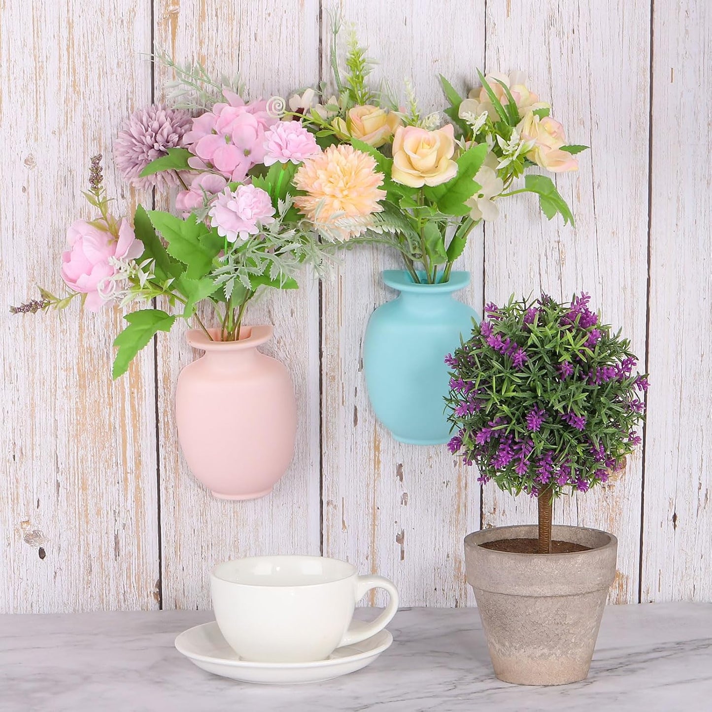 PATIKIL Wall Mounted Flower Vase, 4 Pcs Mini Flower Vase PP Removable Wall Hanging Flower Pot with Sticky Hook for Home Party Decoration, Pink
