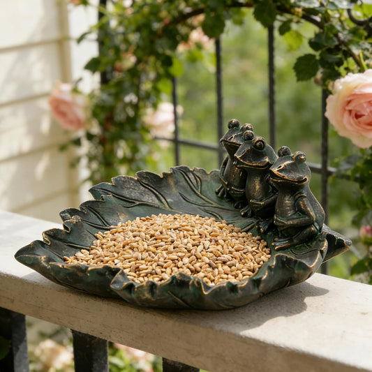 Bronze Leaf Bird Bath with Frog Figurines Resin Birdbath Bowl Small Wa