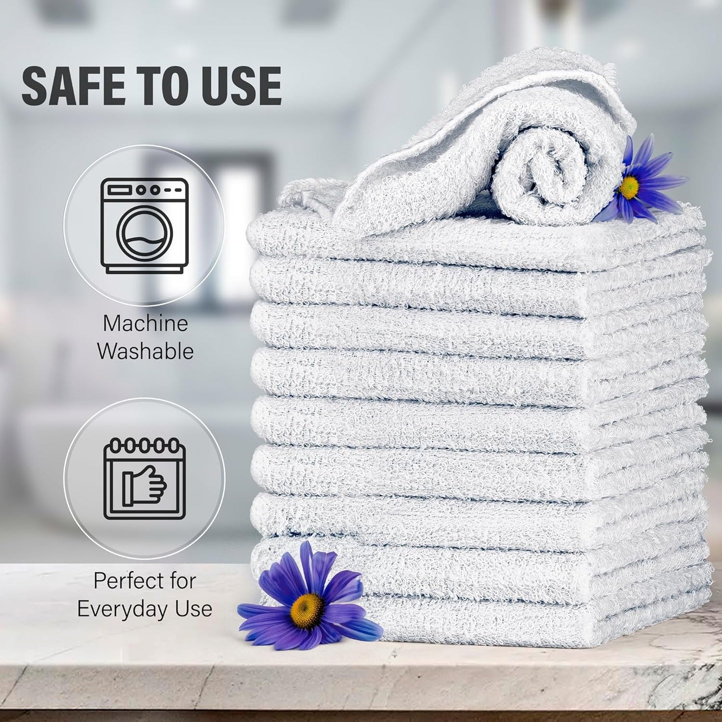 DecorRack 10 Pack 100% Cotton Wash Cloth, Luxurious Soft, 12 x 12 inch Ultra Absorbent, Machine Washable Premium Quality Washcloths, White (10 Pack)