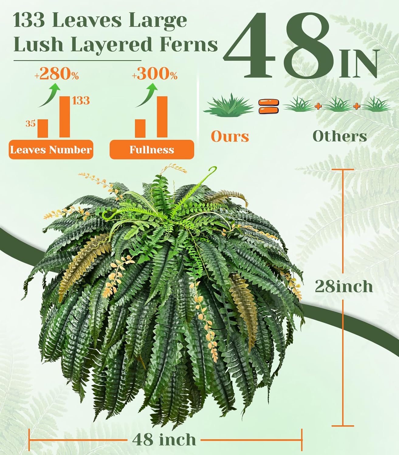 MARTINE MALL 2PCS 48''/133 Leaves Fake Ferns Artificial Ferns for Outdoors Look Real, Large Faux Boston Ferns for Outdoor Planter Realistic UV Resistant Artificial Faux Plants Outdoor for Porch Patio