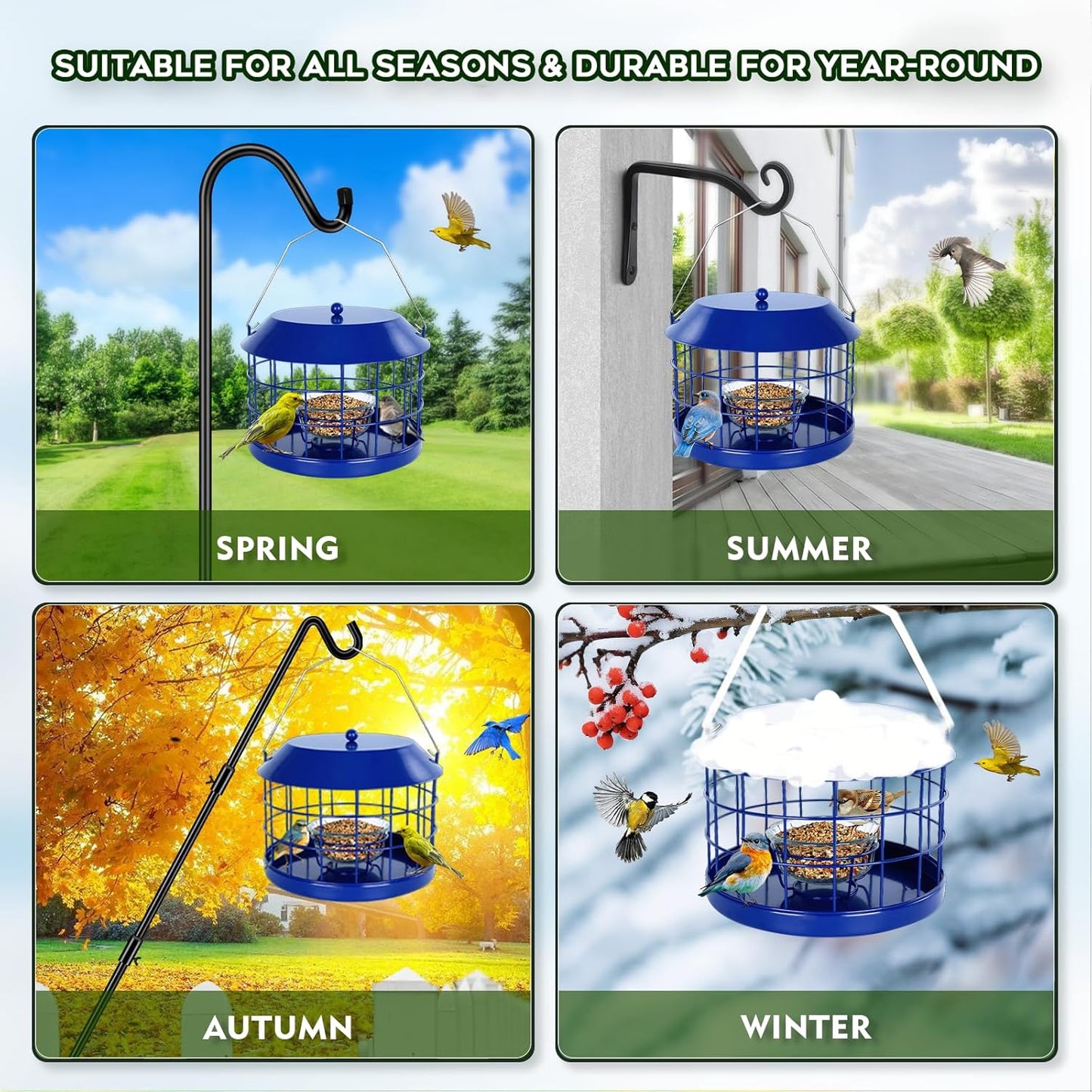 Caged Bluebird Feeder for Mealworms with Glass Bowl, Squirrel Proof Bird Feeder for Small Birds Only, Detachable Hook, Large Space, Outdoors Weatherproof, Metal, Blue