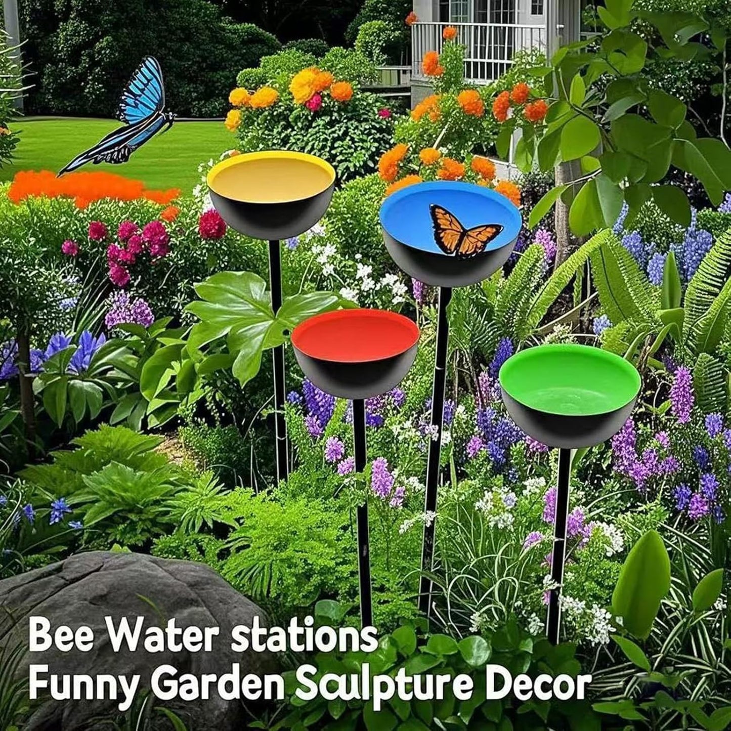 Artistic Outdoor Garden Bird Feeder Weather Metal Bowls Removable Stakes Wildlife Water Station Rain Collector Iron Bird Feeder with Removable Stakes