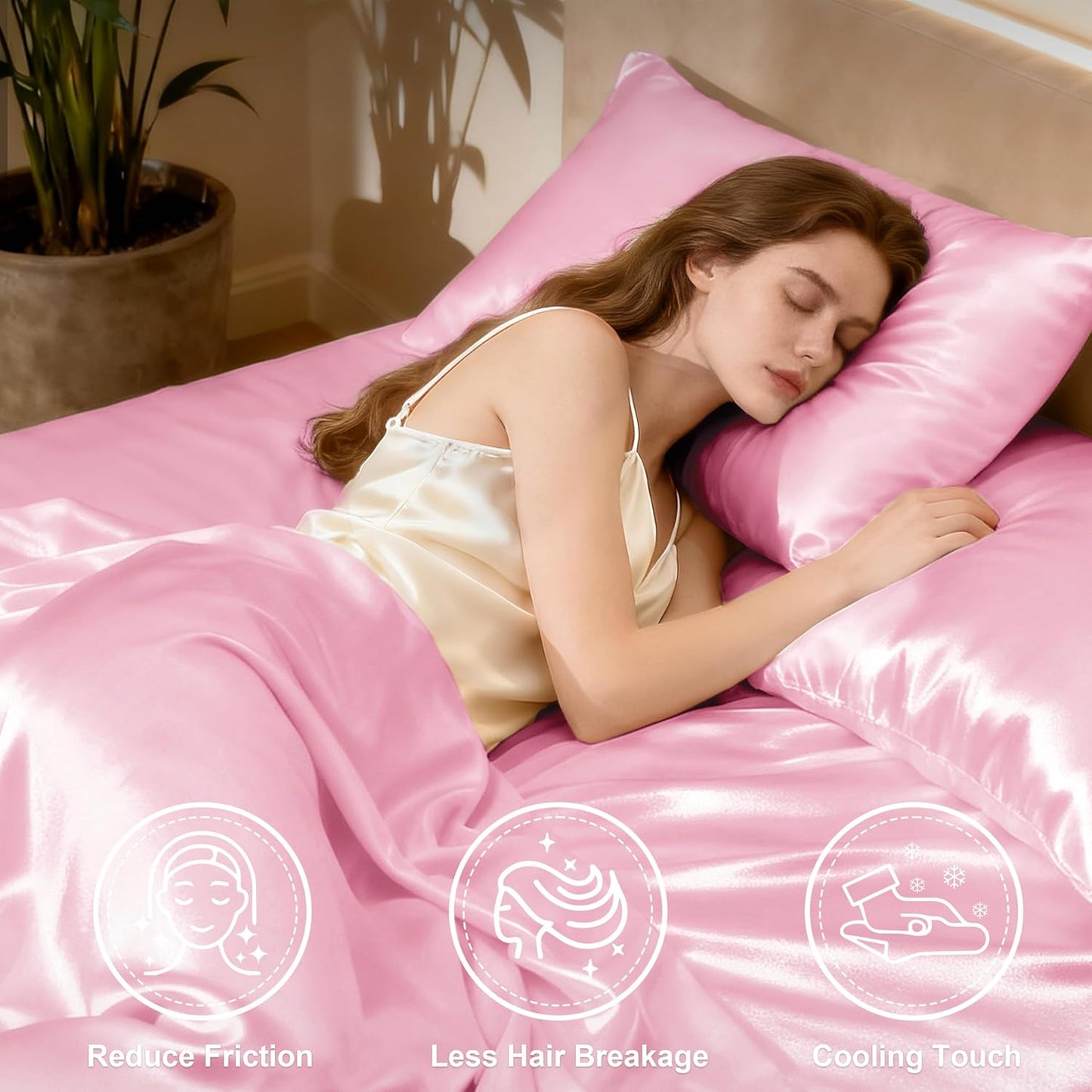 Love's cabin Satin Queen Sheets Set - 4 Piece Pink Silky Bed Sheets Set with Deep Pocket, Luxury Silk Feel Satin Queen Size Sheet Set (1 Flat Sheet, 1 Fitted Sheet, 2 Pillow Cases)