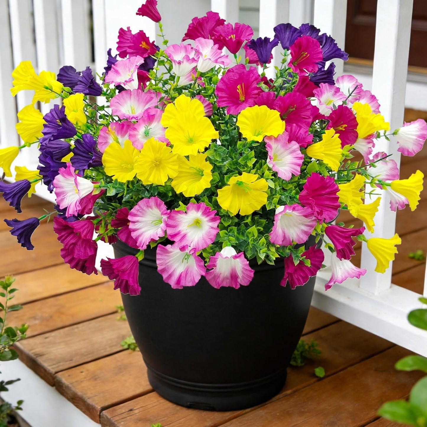 12 Bundles Artificial Flowers for Outdoors UV Resistant Morning Glory Artificial Flowers Fake Petunias for Home Front Porch Garden Patio Window Box Outside Indoor Planter Decor (4 Colors)