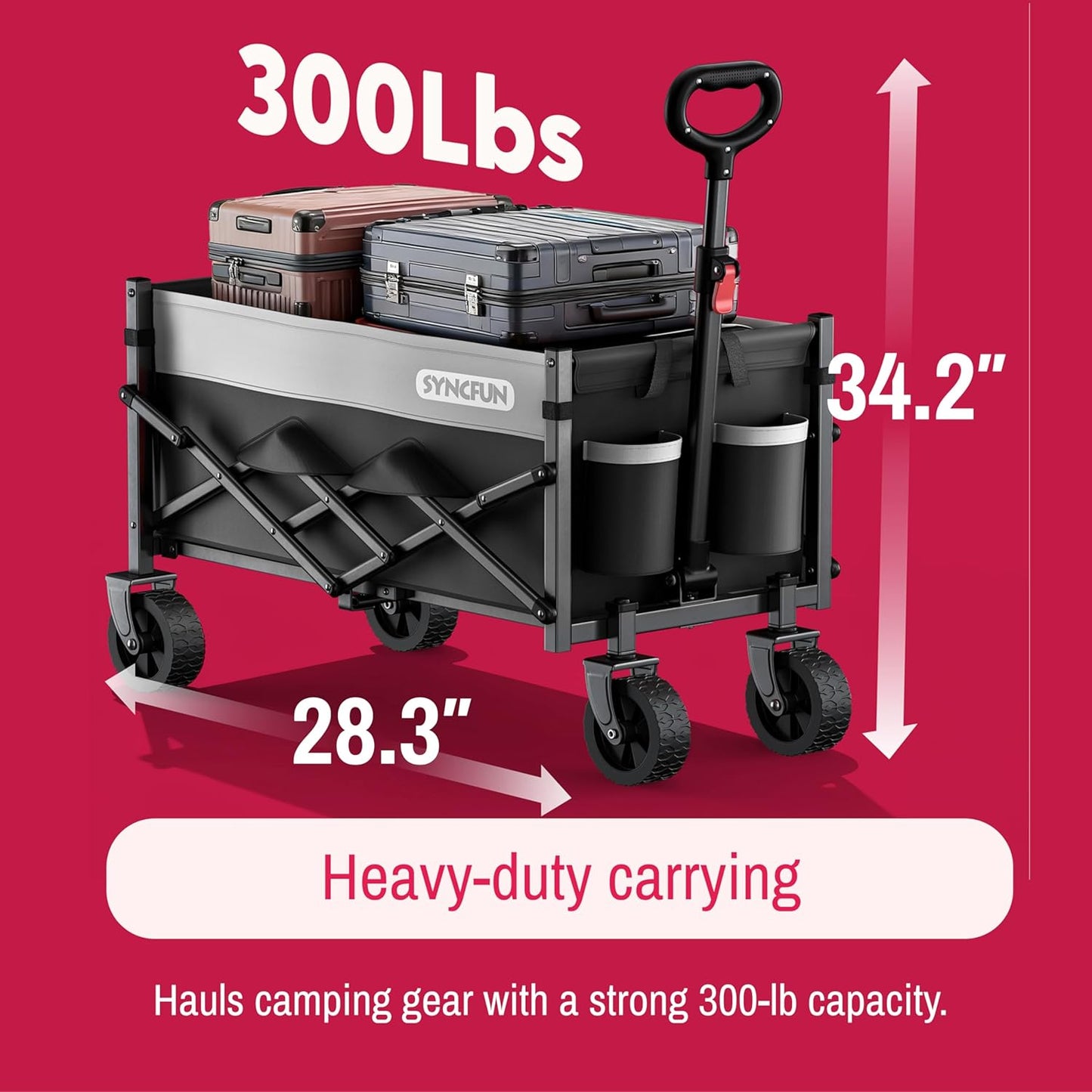 SYNCFUN Collapsible Wagon Cart Foldable 300lbs, Portable Rolling Shopping Carts with Wheels, All Terrain Folding Sport Beach Wagons, Heavy Duty Garden Utility Cart for Groceries Fishing, Black