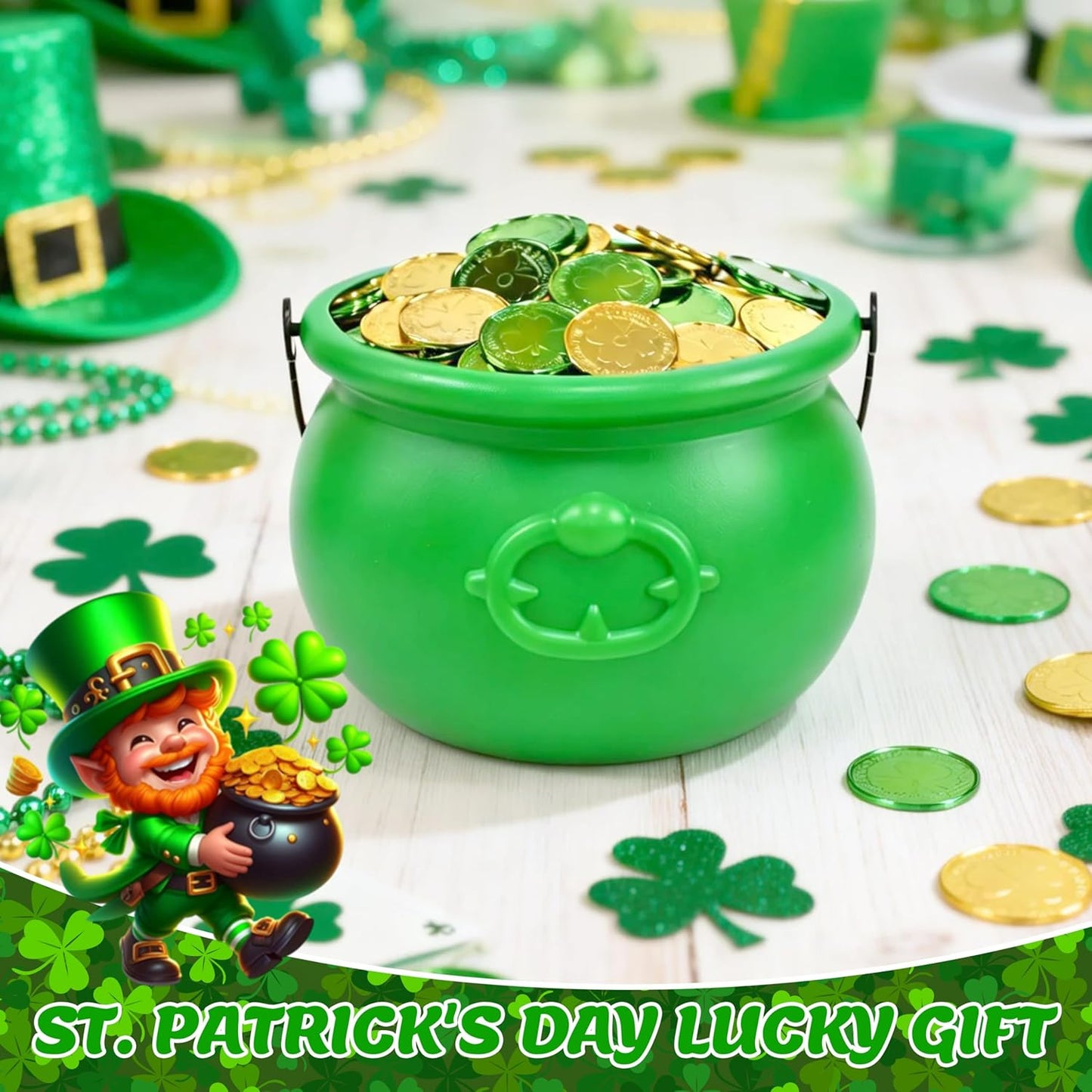 8 Inch St Patricks Day Green Pot with 120 Green & Gold Plastic Lucky Coins Candy Bucket Reusable Pot for St Patrick's Day Decorations Irish Lucky Festival Supplies