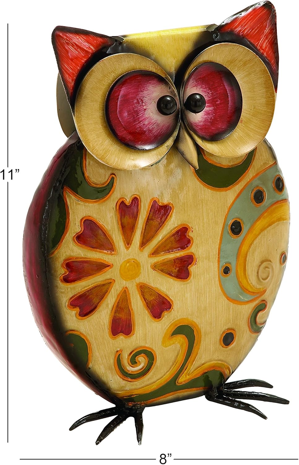 Deco 79 Metal Owl Decorative Garden Sculpture Indoor Outdoor Garden Statue with Floral Pattern, Outdoor Sculpture 8" x 4" x 11", Yellow