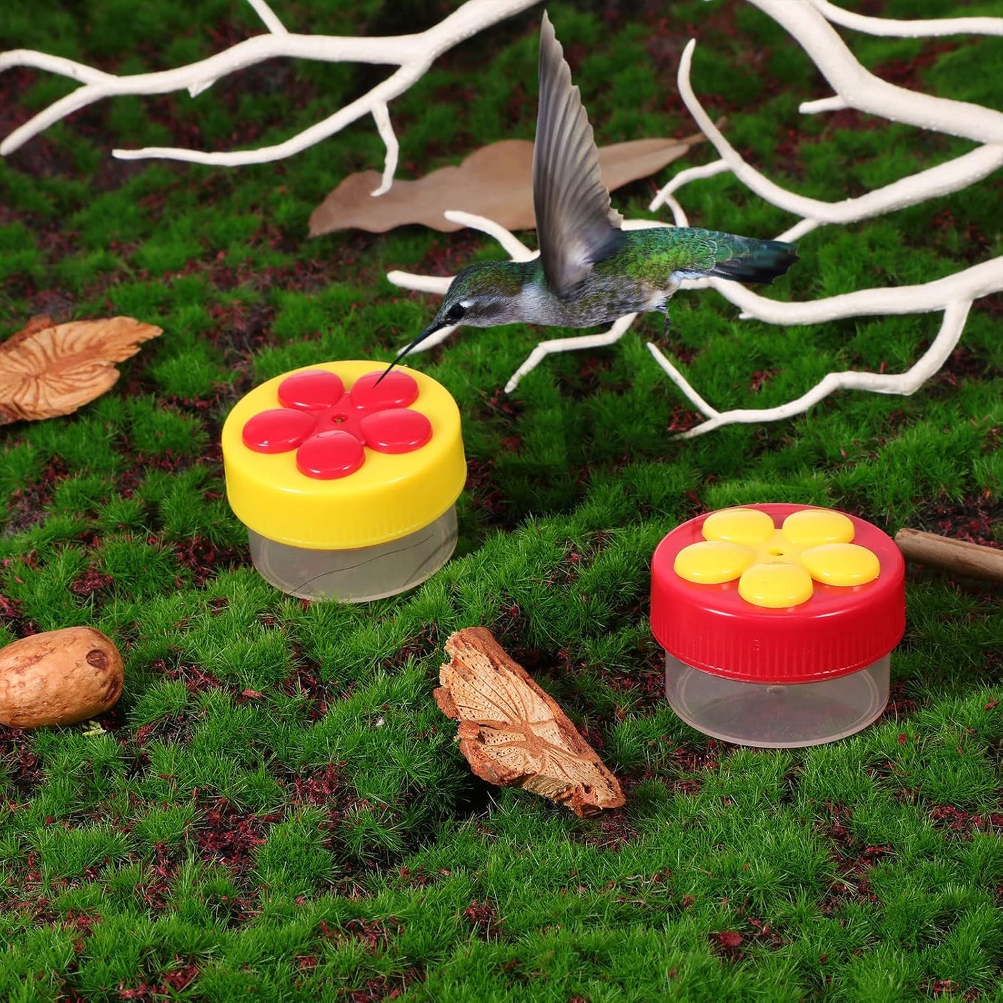Hand Hummingbird Feeder 4 Pieces Window Flower Hummingbird Feeder Wild Bird Feeders with Cleaning Brush for Outdoor Supplies, Red and Yellow