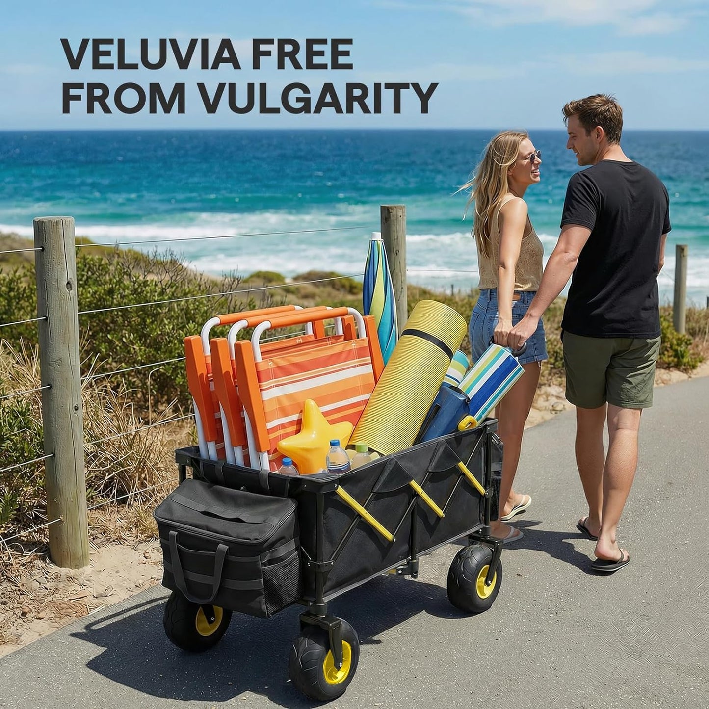 Beach Wagon with Big Wheels - Heavy Duty Foldable All Terrain Cart with 9" Balloon Wheels for Sand - Large Collapsible Beach Dolly with Upgraded Sand Tires & Detachable Cooler Bag, Black