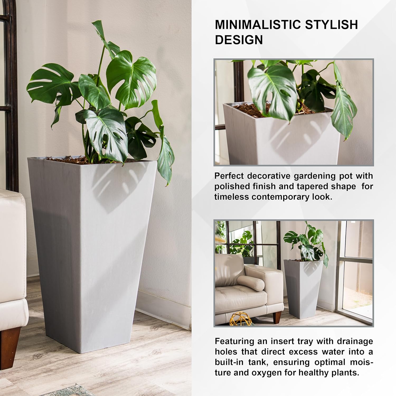 XBrand Modern 28-Inch Square Planter, Modern Tapered Perfect for Indoo