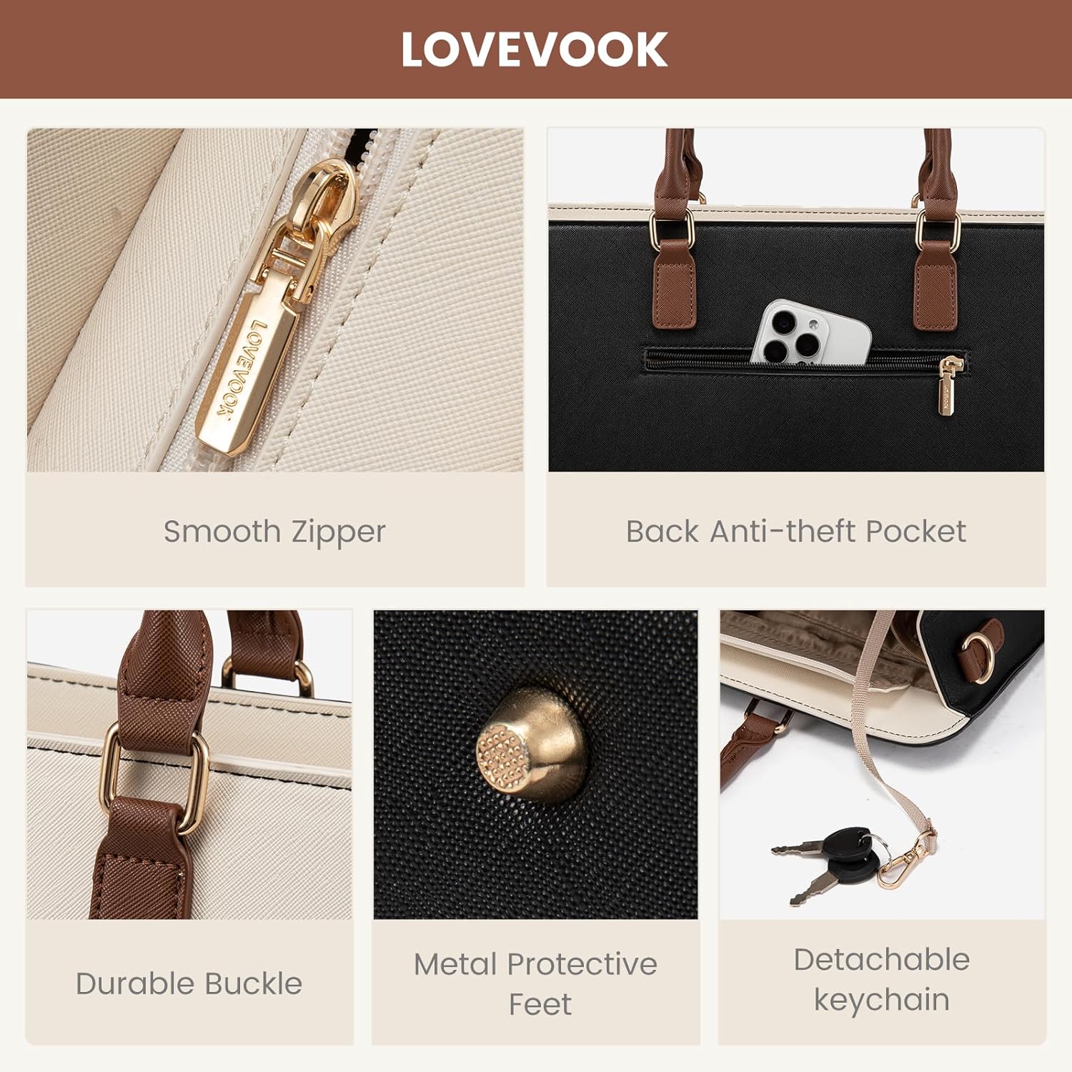 LOVEVOOK Laptop Tote Bag for Women,Leather Work Bag, Waterproof Busine