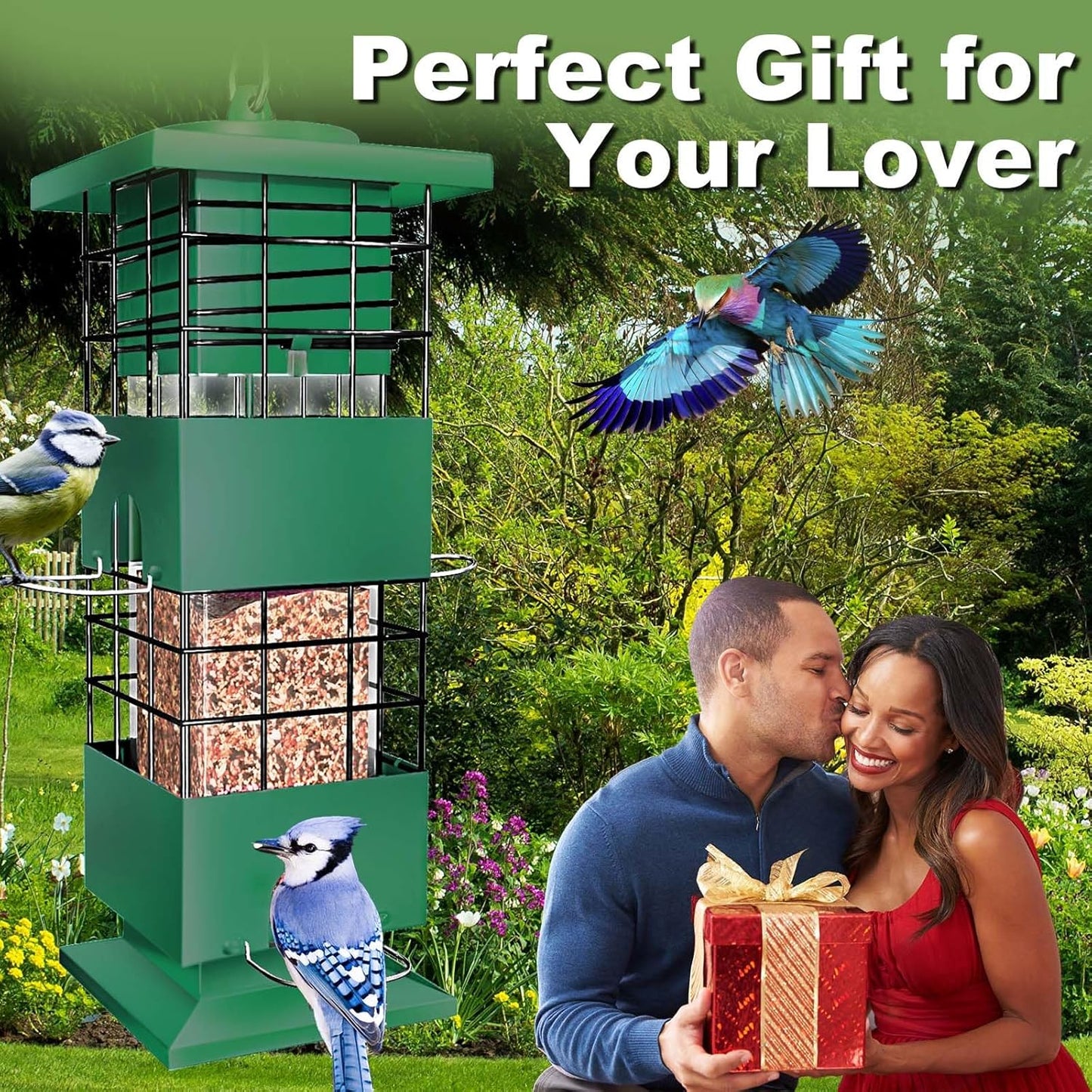 Bird Feeder Squirrel Proof, 3Lbs Metal Heavy Duty Birds Feeder with 4 Feeding Ports for Outdoors Hanging, Birdseed Feeder for Cardinal, Finch, Sparrow, Wild Birds, Outside (Green)