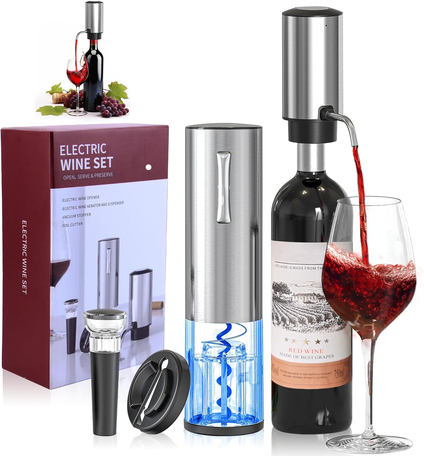 4-in-1 Rechargeable Electric Wine Opener Wine Aerator Gift Set with El