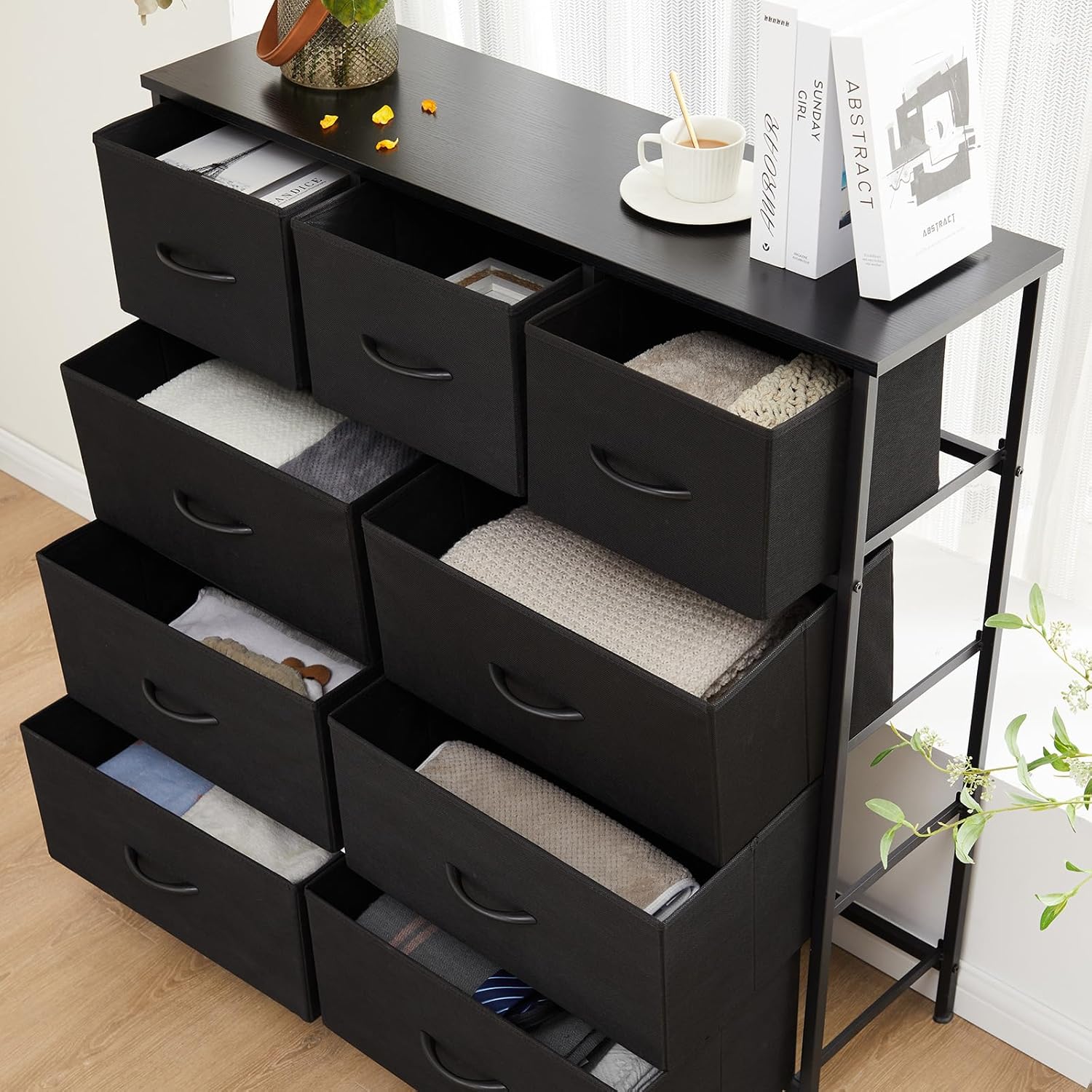 Dresser for Bedroom with 9 Drawers, Anti-Tip Tall Fabric Chests Storag