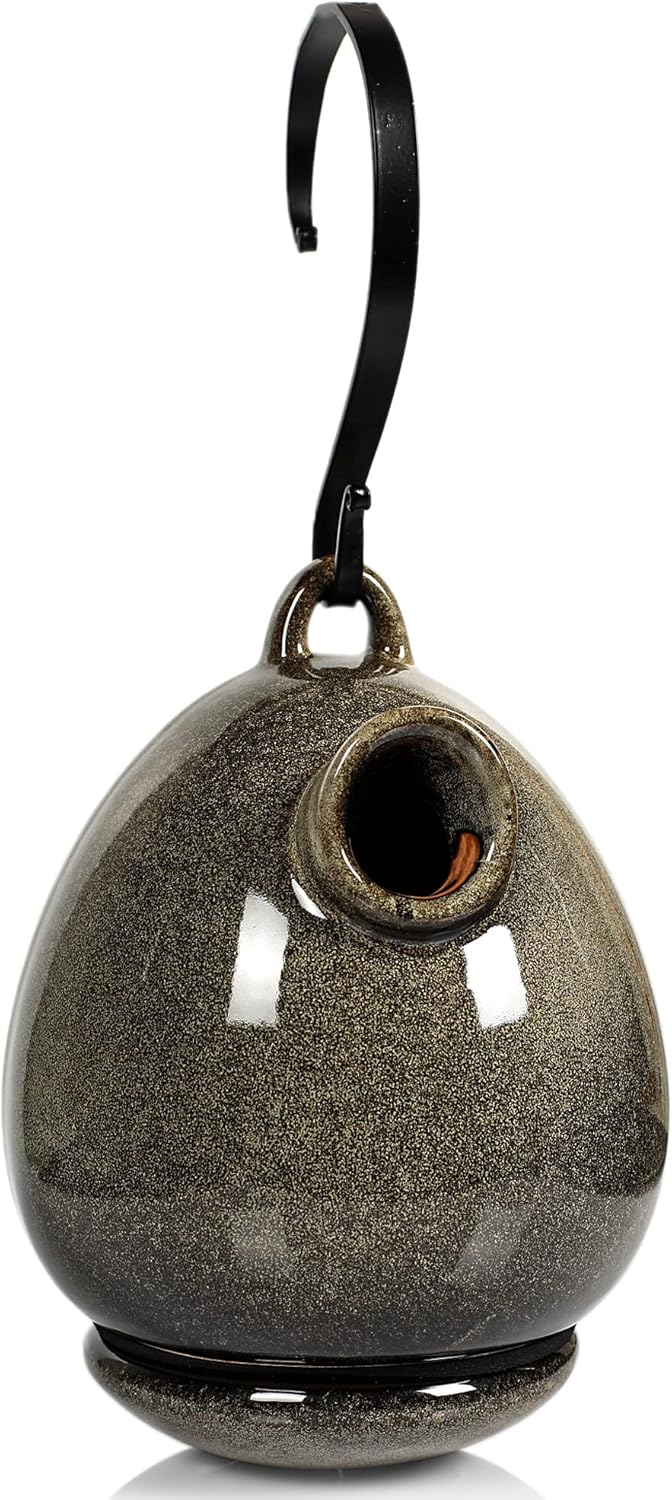 Byer of Maine Egg Bird Home for Small Songbirds, Sandy Granite, High Fired Porcelain Stoneware, Ceramic Bird House, Glaze Finish, with Forged Steel Hook