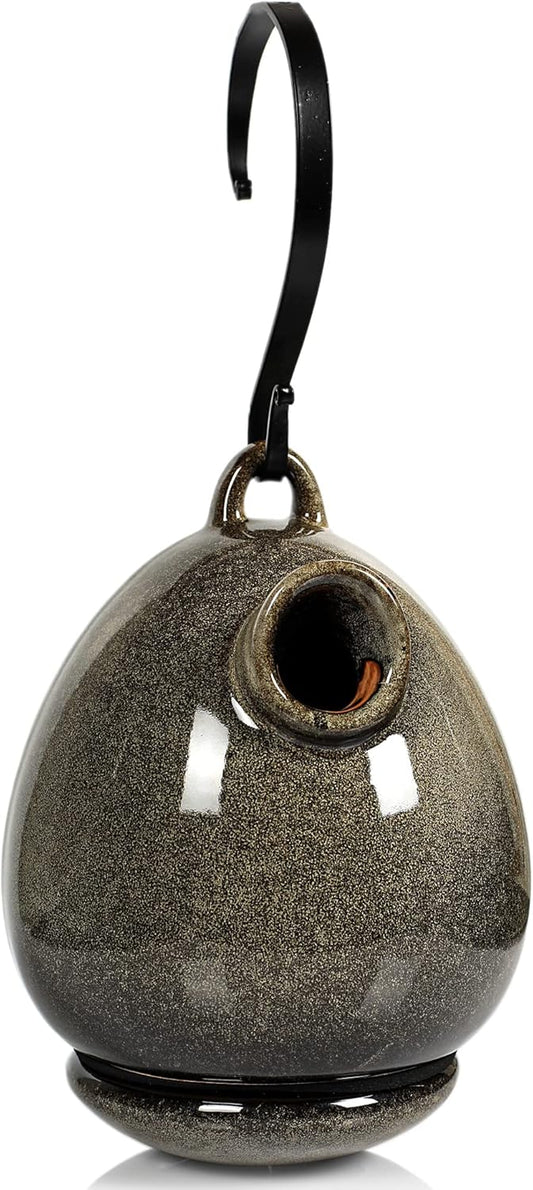 Byer of Maine Egg Bird Home for Small Songbirds, Sandy Granite, High Fired Porcelain Stoneware, Ceramic Bird House, Glaze Finish, with Forged Steel Hook