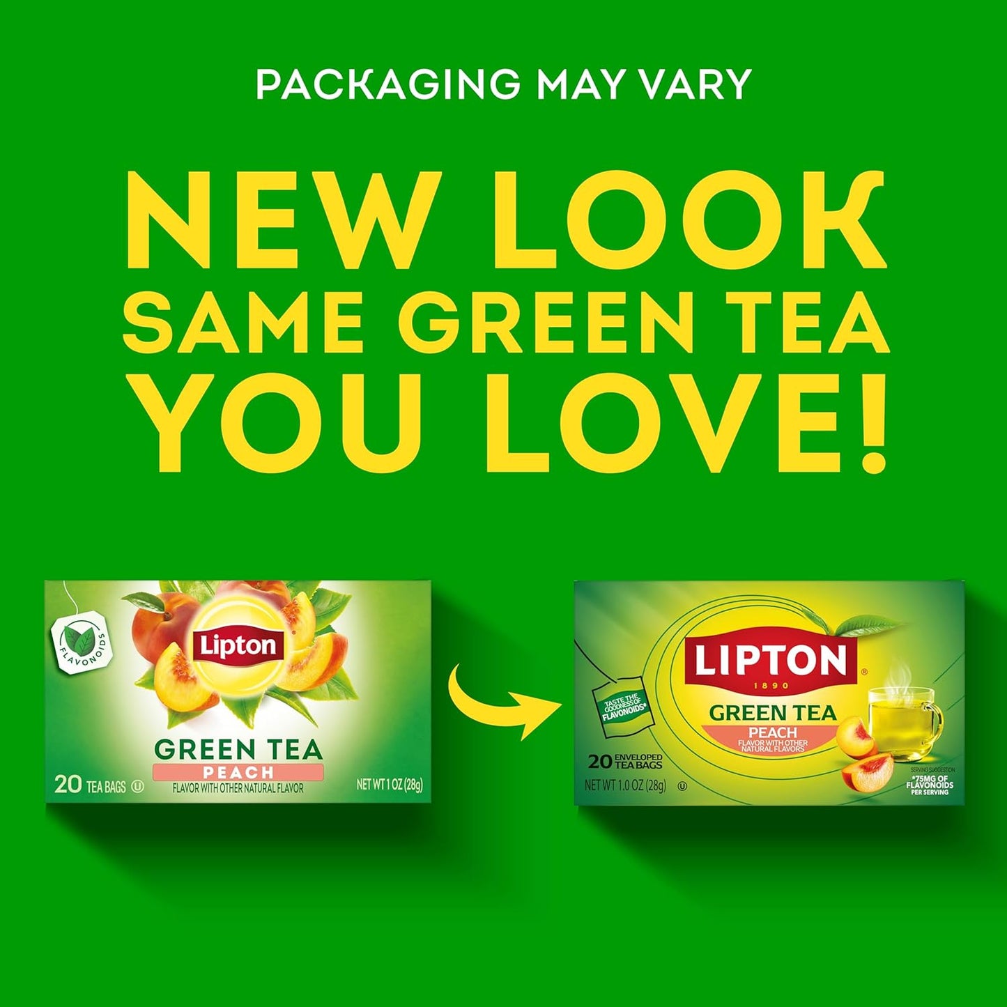 Lipton Peach Green Tea Bags, Flavored, Unsweetened Teabags for Hot Tea or Peach Iced Tea with Caffeine and Flavonoids, 20 Total Tea Bags