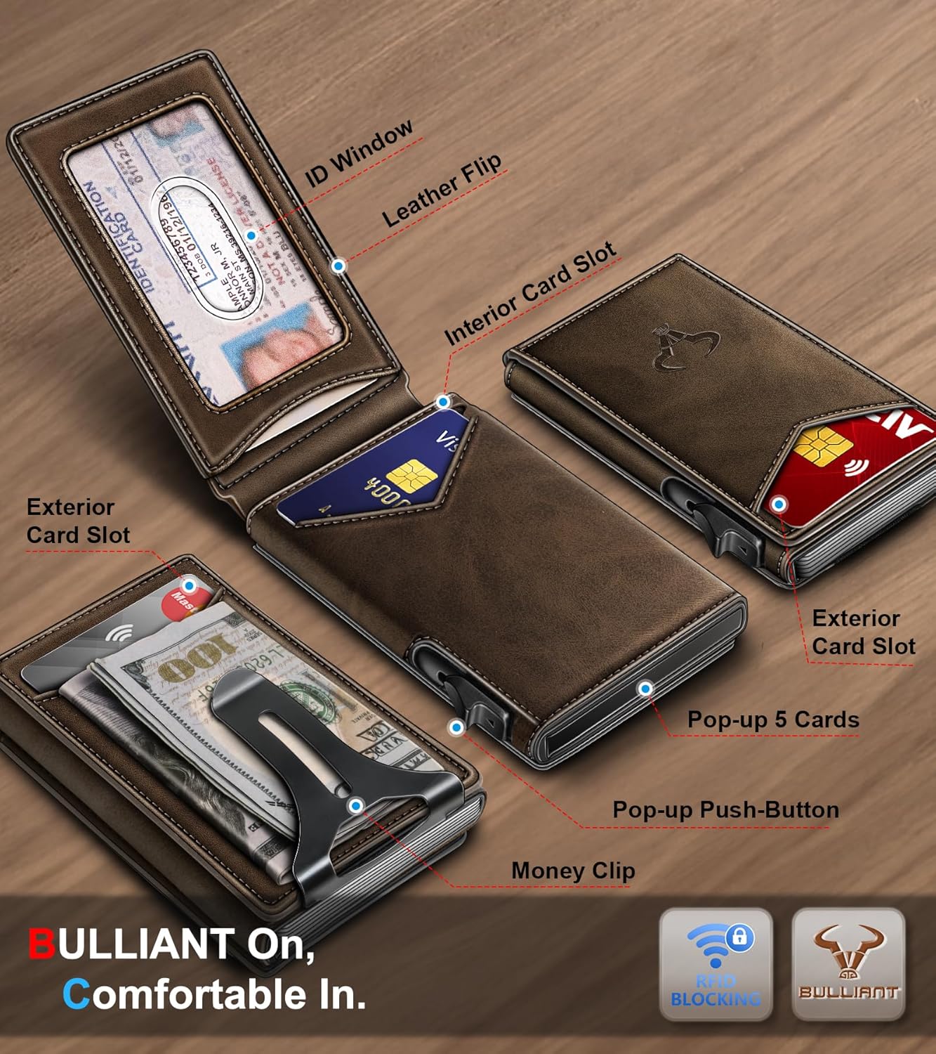BULLIANT Men Wallet,Magnetic Metal Wallet Money Clip 9Cards Pop-up Acc