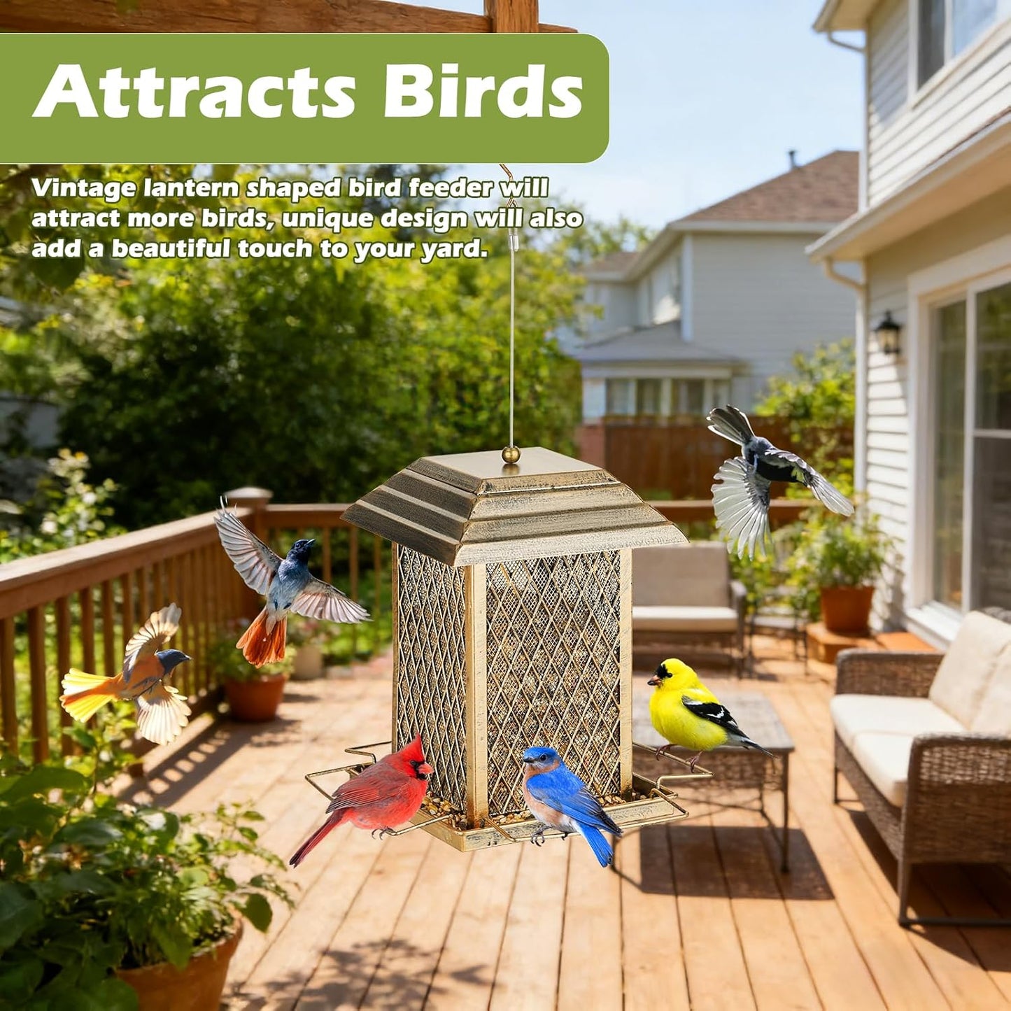 Bird Feeder, Heavy Duty Metal Bird Feeders for Outdoor Hanging, Large Capacity Wild Birdfeeder Lantern Shape Hold 4 LB Seed, Easy to Fill