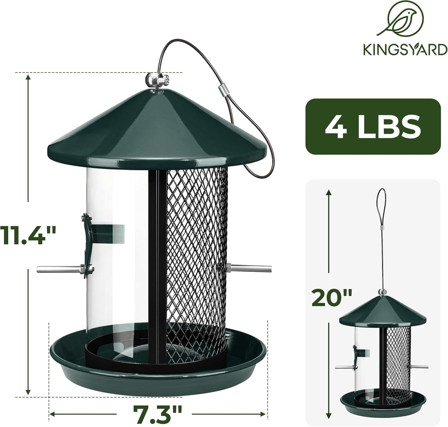 Kingsyard Metal Bird Feeder for Outdoor Hanging - Chew Proof Wild Bird Finch Cardinal Feeder with Dual Chamber of 4 lbs Capacity for Bluebird, Green