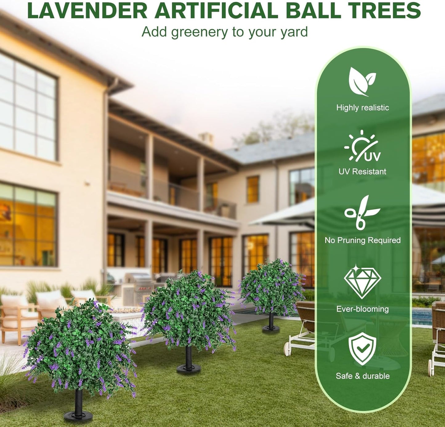 Artificial Lavender Topiary Ball Trees 18" with Ground Spike, Set of 2 UV Resistant Faux Shrubs, Fake Evergreen Boxwood Plant for Outdoor, Indoor, Garden, Yard, Porch, Patio, Front Porch Decor