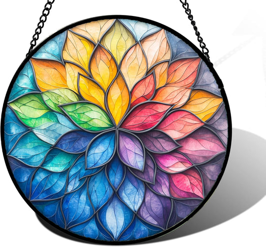 Stained Glass Window Hanging, Colorful Flower Petals Sun Catchers Diam